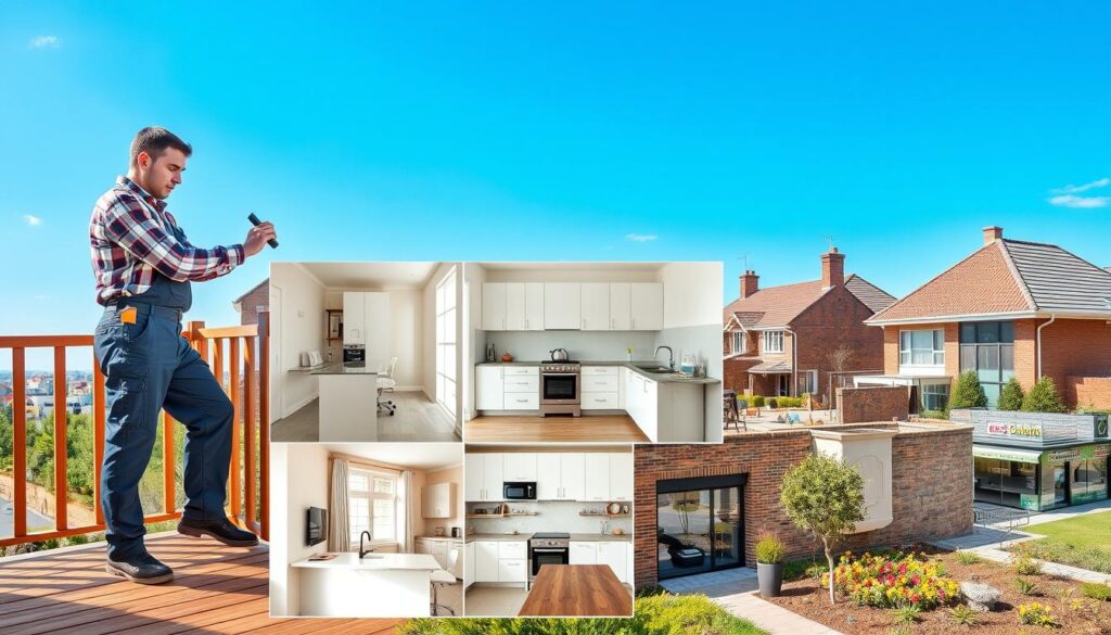 A vibrant collage of popular handyman projects in Randfontein homes and commercial properties. In the foreground, a skilled handyman in a professional outfit is seen working on a wooden deck, adjusting a railing. In the middle, various home improvement elements are depicted, such as a freshly painted room with modern fixtures, a renovated kitchen with sleek cabinetry, and a landscaped garden with colorful flowers. In the background, typical Randfontein architecture, like brick houses and commercial storefronts, can be observed under a clear blue sky. Soft, natural lighting enhances the atmosphere, and the scene captures a sense of community and craftsmanship, inviting viewers into the heart of Randfontein's renovation culture. A vibrant collage of popular handyman projects in Randfontein homes and commercial properties. In the foreground, a skilled handyman in a professional outfit is seen working on a wooden deck, adjusting a railing. In the middle, various home improvement elements are depicted, such as a freshly painted room with modern fixtures, a renovated kitchen with sleek cabinetry, and a landscaped garden with colorful flowers. In the background, typical Randfontein architecture, like brick houses and commercial storefronts, can be observed under a clear blue sky. Soft, natural lighting enhances the atmosphere, and the scene captures a sense of community and craftsmanship, inviting viewers into the heart of Randfontein's renovation culture.