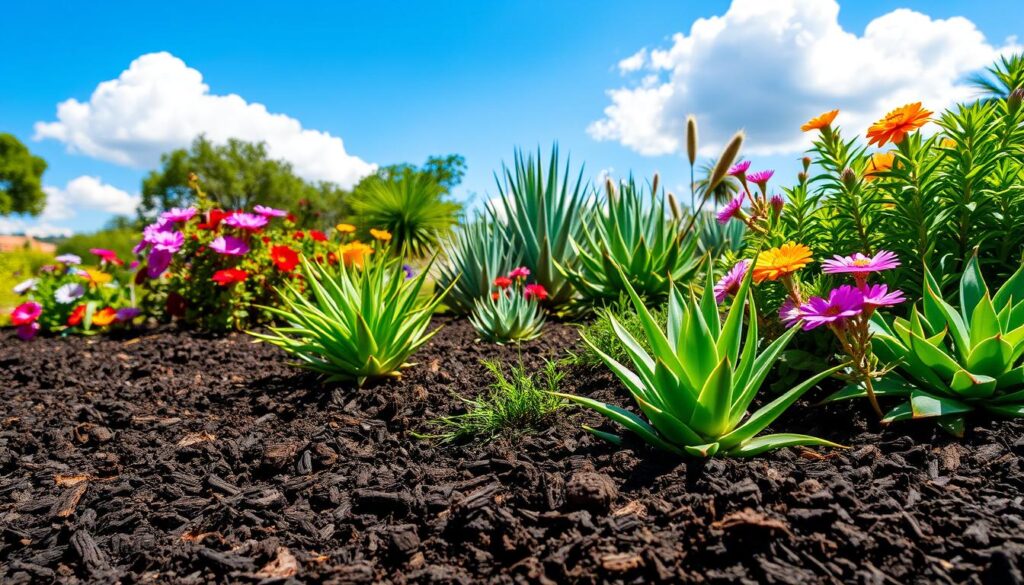 A vibrant garden scene in Pretoria showcasing the benefits of mulch. In the foreground, a fresh layer of rich, dark mulch surrounds thriving plants and colorful flowers, capturing the essence of a well-maintained garden. In the middle ground, a variety of native Pretoria plants, like aloes and succulents, benefit from the moisture-retaining mulch, their leaves glistening under the warm sun. The background features a clear blue sky with a few fluffy clouds, hinting at the seasonal rains that nourish the landscape. The lighting is bright and cheerful, emphasizing the lush greenery and the rich texture of the mulch. The overall mood is one of vitality, showcasing the harmony of nature and sustainable gardening practices in a hot climate. A vibrant garden scene in Pretoria showcasing the benefits of mulch. In the foreground, a fresh layer of rich, dark mulch surrounds thriving plants and colorful flowers, capturing the essence of a well-maintained garden. In the middle ground, a variety of native Pretoria plants, like aloes and succulents, benefit from the moisture-retaining mulch, their leaves glistening under the warm sun. The background features a clear blue sky with a few fluffy clouds, hinting at the seasonal rains that nourish the landscape. The lighting is bright and cheerful, emphasizing the lush greenery and the rich texture of the mulch. The overall mood is one of vitality, showcasing the harmony of nature and sustainable gardening practices in a hot climate.