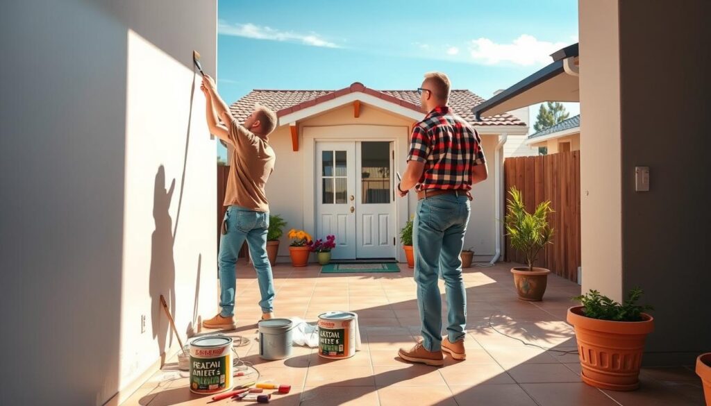 A vibrant interior and exterior painting scene showcasing a team of professional handyman workers in modest casual clothing engaged in the process. In the foreground, two individuals are carefully applying fresh paint to a wall, with brushes and paint cans scattered around. The middle ground features a freshly painted front door and colorful flower pots, along with a tiled patio that reflects sunlight. In the background, a charming single-story suburban house under a blue sky invokes a sense of community. The lighting is warm and inviting, casting soft shadows that enhance the textures of the surfaces painted. The atmosphere is dynamic yet professional, conveying a sense of renewal and craftsmanship. A vibrant interior and exterior painting scene showcasing a team of professional handyman workers in modest casual clothing engaged in the process. In the foreground, two individuals are carefully applying fresh paint to a wall, with brushes and paint cans scattered around. The middle ground features a freshly painted front door and colorful flower pots, along with a tiled patio that reflects sunlight. In the background, a charming single-story suburban house under a blue sky invokes a sense of community. The lighting is warm and inviting, casting soft shadows that enhance the textures of the surfaces painted. The atmosphere is dynamic yet professional, conveying a sense of renewal and craftsmanship.