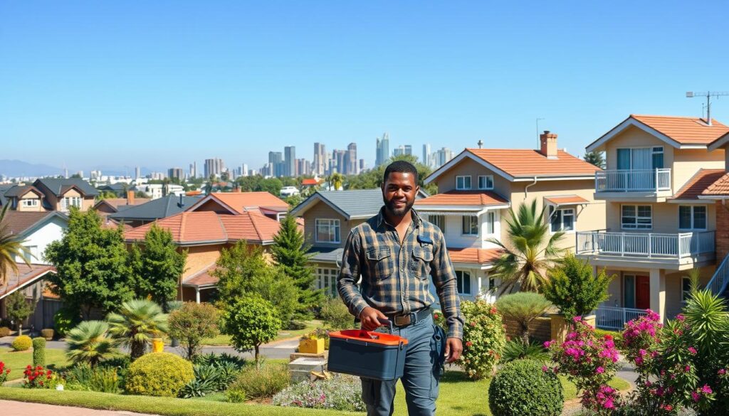 A vibrant neighborhood in Johannesburg showcasing various residential areas, featuring diverse architectural styles from modern homes to traditional bungalows. In the foreground, a friendly handyman in professional work attire stands with a toolbox, gesturing towards a nearby house, symbolizing repair services. Lush greenery and flowering plants surround the houses, creating an inviting atmosphere. In the middle ground, several homes are visible, some with visible repair work being done, such as fixing roofs and painting walls. The background features Johannesburg's skyline under a clear blue sky, suggesting a sunny day. The overall mood is warm and welcoming, capturing the essence of community and reliable service in every area. Soft daylight enhances the natural colors and textures, while a wide-angle perspective highlights the neighborly environment. A vibrant neighborhood in Johannesburg showcasing various residential areas, featuring diverse architectural styles from modern homes to traditional bungalows. In the foreground, a friendly handyman in professional work attire stands with a toolbox, gesturing towards a nearby house, symbolizing repair services. Lush greenery and flowering plants surround the houses, creating an inviting atmosphere. In the middle ground, several homes are visible, some with visible repair work being done, such as fixing roofs and painting walls. The background features Johannesburg's skyline under a clear blue sky, suggesting a sunny day. The overall mood is warm and welcoming, capturing the essence of community and reliable service in every area. Soft daylight enhances the natural colors and textures, while a wide-angle perspective highlights the neighborly environment.