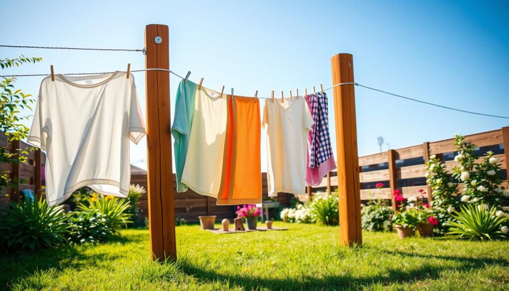 A vibrant outdoor scene featuring a well-maintained washing line stretched between two sturdy wooden posts. In the foreground, the washing line is adorned with freshly laundered clothes, including light cotton shirts and colorful towels, gently swaying in a soft breeze. The middle ground showcases a small, tidy backyard with lush green grass and blooming flowers, suggesting a well-cared-for home environment. In the background, a clear blue sky complements the scene, hinting at a sunny day. The lighting is warm and inviting, casting soft shadows that enhance the overall sense of tranquility. The angle is slightly low, giving an expansive view of the setup. The mood is peaceful and reflective, emphasizing the importance of maintenance and care for home essentials. A vibrant outdoor scene featuring a well-maintained washing line stretched between two sturdy wooden posts. In the foreground, the washing line is adorned with freshly laundered clothes, including light cotton shirts and colorful towels, gently swaying in a soft breeze. The middle ground showcases a small, tidy backyard with lush green grass and blooming flowers, suggesting a well-cared-for home environment. In the background, a clear blue sky complements the scene, hinting at a sunny day. The lighting is warm and inviting, casting soft shadows that enhance the overall sense of tranquility. The angle is slightly low, giving an expansive view of the setup. The mood is peaceful and reflective, emphasizing the importance of maintenance and care for home essentials.