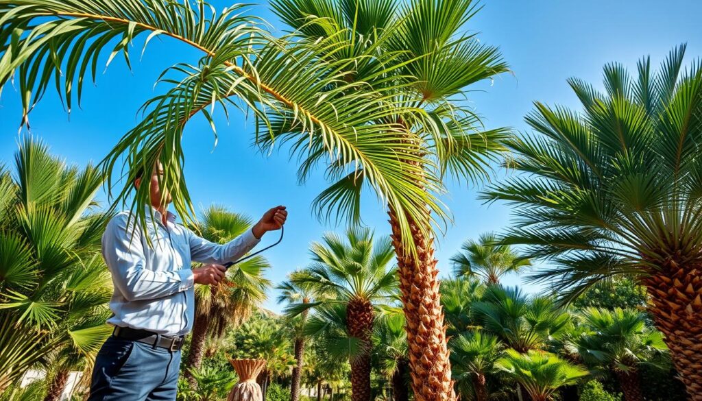 A vibrant outdoor scene in Pretoria showcasing diverse palm species being meticulously cleaned and trimmed. In the foreground, a professional gardener in smart casual attire carefully trims the fronds of a regal feather palm, its elegant leaves cascading down. The middle ground features a variety of palm types, including fan palms with their distinct wide fronds and clustering palms with multiple trunks, each demonstrating unique trimming techniques. The background reveals a clear blue sky and the sun shining brightly, casting soft shadows and enhancing the lush green foliage. The atmosphere is serene and focused, capturing the beauty and precision of species-based trimming in a tropical setting. A vibrant outdoor scene in Pretoria showcasing diverse palm species being meticulously cleaned and trimmed. In the foreground, a professional gardener in smart casual attire carefully trims the fronds of a regal feather palm, its elegant leaves cascading down. The middle ground features a variety of palm types, including fan palms with their distinct wide fronds and clustering palms with multiple trunks, each demonstrating unique trimming techniques. The background reveals a clear blue sky and the sun shining brightly, casting soft shadows and enhancing the lush green foliage. The atmosphere is serene and focused, capturing the beauty and precision of species-based trimming in a tropical setting.