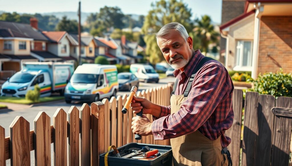 A vibrant scene depicting a local handyman at work in a suburban Randburg neighborhood, showcasing a mix of residential homes with well-kept gardens in the background. In the foreground, the handyman, a middle-aged man in professional, modest attire, is skillfully repairing a wooden fence, surrounded by tools like a hammer, measuring tape, and a toolbox. The middle ground features several familiar local service vehicles parked along the street, indicating a bustling community. Soft, natural lighting bathes the scene, suggesting a sunny afternoon. Use a wide-angle lens perspective to capture the warm atmosphere of a friendly neighborhood, highlighting the handyman's role as an essential local service provider in Randburg and greater Johannesburg. A vibrant scene depicting a local handyman at work in a suburban Randburg neighborhood, showcasing a mix of residential homes with well-kept gardens in the background. In the foreground, the handyman, a middle-aged man in professional, modest attire, is skillfully repairing a wooden fence, surrounded by tools like a hammer, measuring tape, and a toolbox. The middle ground features several familiar local service vehicles parked along the street, indicating a bustling community. Soft, natural lighting bathes the scene, suggesting a sunny afternoon. Use a wide-angle lens perspective to capture the warm atmosphere of a friendly neighborhood, highlighting the handyman's role as an essential local service provider in Randburg and greater Johannesburg.