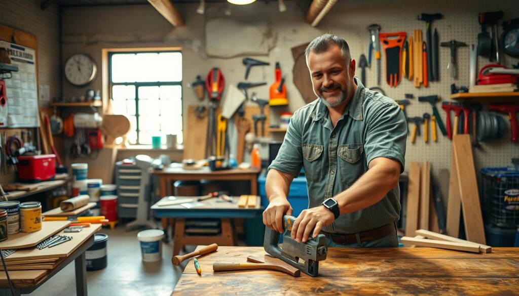 A vibrant scene depicting a local handyman's workspace in Woodmead, Sandton. In the foreground, a professional handyman dressed in modest casual attire is working on a wooden table, using tools like a saw and hammer. The middle ground features a bustling, well-organized workshop with various handyman tools and materials scattered around, such as paint cans, screws, and wood planks. In the background, bright natural light filters through a window, illuminating a wall covered with tool racks and instructions. The atmosphere is friendly and productive, emphasizing community support. The image should evoke a sense of reliability and professionalism, showcasing the handyman's skills in a warm, inviting setting. Use a soft focus lens to create a welcoming, homey feel. A vibrant scene depicting a local handyman's workspace in Woodmead, Sandton. In the foreground, a professional handyman dressed in modest casual attire is working on a wooden table, using tools like a saw and hammer. The middle ground features a bustling, well-organized workshop with various handyman tools and materials scattered around, such as paint cans, screws, and wood planks. In the background, bright natural light filters through a window, illuminating a wall covered with tool racks and instructions. The atmosphere is friendly and productive, emphasizing community support. The image should evoke a sense of reliability and professionalism, showcasing the handyman's skills in a warm, inviting setting. Use a soft focus lens to create a welcoming, homey feel.
