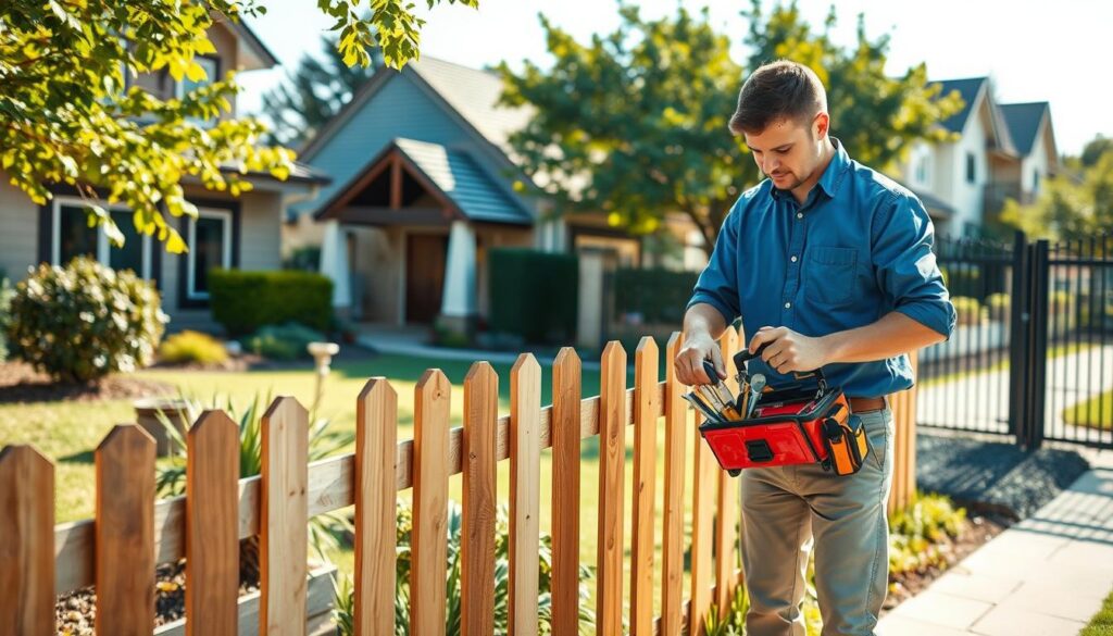 A vibrant scene depicting a professional handyman at work in a suburban setting, focusing on residential maintenance services. In the foreground, a handyman in a blue button-up shirt and khaki pants skillfully repairs a wooden fence using tools from a toolbox. The middle ground features a well-kept family home with lush greenery and a neatly organized garden. To the background, a gated estate with multiple residential units can be seen, showcasing the community aspect of the area. The lighting is warm and inviting, reflecting a sunny day, with soft shadows cast by the trees. The composition should evoke a sense of community and service, portraying the handyman's dedication to maintaining quality living spaces for families. A vibrant scene depicting a professional handyman at work in a suburban setting, focusing on residential maintenance services. In the foreground, a handyman in a blue button-up shirt and khaki pants skillfully repairs a wooden fence using tools from a toolbox. The middle ground features a well-kept family home with lush greenery and a neatly organized garden. To the background, a gated estate with multiple residential units can be seen, showcasing the community aspect of the area. The lighting is warm and inviting, reflecting a sunny day, with soft shadows cast by the trees. The composition should evoke a sense of community and service, portraying the handyman's dedication to maintaining quality living spaces for families.