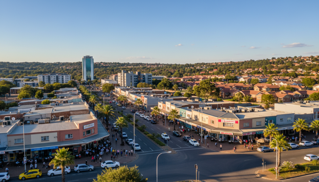 A vibrant scene of Midrand, showcasing a diverse mix of residential and commercial areas around Halfway House. In the foreground, depict a well-maintained local handyman service vehicle parked in front of a modern suburban home, with a friendly technician dressed in professional business attire inspecting a toolbox. The middle ground features a bustling street with various shops and cafes, illustrating a lively neighborhood atmosphere. In the background, rolling green hills and residential buildings under a clear blue sky create a serene environment. Use soft, natural lighting that highlights the early afternoon sun, capturing a warm and inviting mood. The perspective is slightly elevated, providing a comprehensive overview of the area without any text or overlays. A vibrant scene of Midrand, showcasing a diverse mix of residential and commercial areas around Halfway House. In the foreground, depict a well-maintained local handyman service vehicle parked in front of a modern suburban home, with a friendly technician dressed in professional business attire inspecting a toolbox. The middle ground features a bustling street with various shops and cafes, illustrating a lively neighborhood atmosphere. In the background, rolling green hills and residential buildings under a clear blue sky create a serene environment. Use soft, natural lighting that highlights the early afternoon sun, capturing a warm and inviting mood. The perspective is slightly elevated, providing a comprehensive overview of the area without any text or overlays.