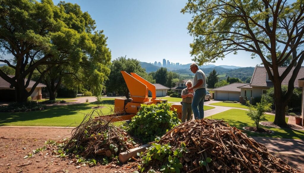 A vibrant scene of a site clearing in Pretoria, showcasing a wood-chipping service in action. In the foreground, a robust wood chipper is actively shredding branches, with a pile of fresh, green leaves and wood chips accumulating around it. Two professional workers in modest casual attire operate the machine, focused and engaged in their task. The middle ground features a spacious residential property with well-maintained gardens, large trees surrounding the area, and a clear blue sky overhead. In the background, the iconic Pretoria skyline gently merges with the lush, green hills typical of the region. Sunlight filters through the trees, casting soft shadows and creating an inviting atmosphere, evoking a sense of community and efficient service. The image captures the importance of wood chipping services tailored to the unique landscape of Pretoria. A vibrant scene of a site clearing in Pretoria, showcasing a wood-chipping service in action. In the foreground, a robust wood chipper is actively shredding branches, with a pile of fresh, green leaves and wood chips accumulating around it. Two professional workers in modest casual attire operate the machine, focused and engaged in their task. The middle ground features a spacious residential property with well-maintained gardens, large trees surrounding the area, and a clear blue sky overhead. In the background, the iconic Pretoria skyline gently merges with the lush, green hills typical of the region. Sunlight filters through the trees, casting soft shadows and creating an inviting atmosphere, evoking a sense of community and efficient service. The image captures the importance of wood chipping services tailored to the unique landscape of Pretoria.