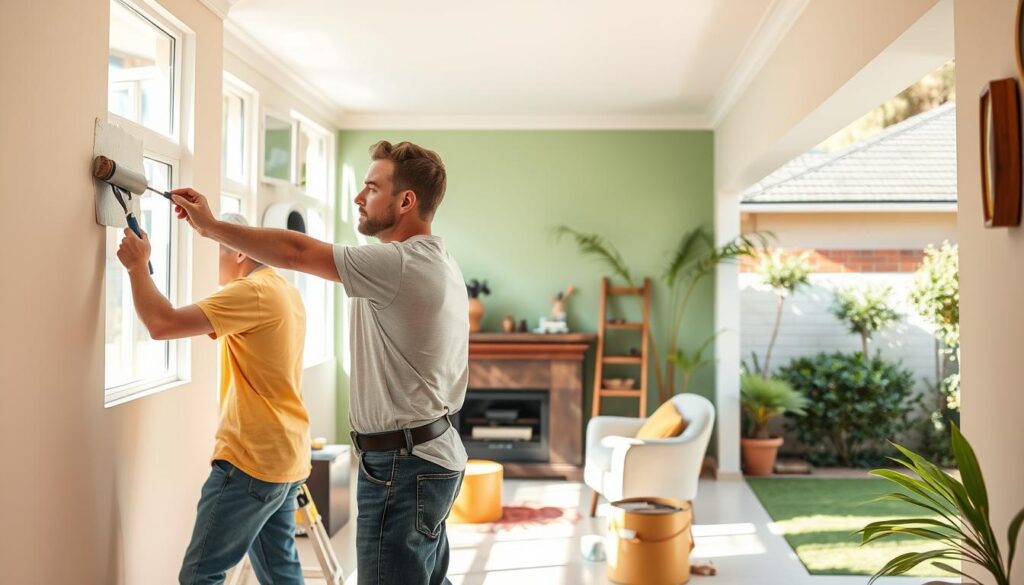 A vibrant scene showcasing a professional handyman painting both the interior and exterior of a house in Kempton Park. In the foreground, a skilled male and female painter in modest casual clothing are expertly applying a fresh coat of paint to a wall, their focused expressions conveying dedication. The middle ground features a cozy living room with bright, inviting colors, accentuated by natural light streaming through large windows. In the background, a well-maintained exterior of the house contrasts against a lush green garden, highlighting the pristine finish of newly painted surfaces. Soft sunlight enhances the warm, inviting atmosphere, casting gentle shadows that add depth to the scene, evoking a sense of transformation and care. A vibrant scene showcasing a professional handyman painting both the interior and exterior of a house in Kempton Park. In the foreground, a skilled male and female painter in modest casual clothing are expertly applying a fresh coat of paint to a wall, their focused expressions conveying dedication. The middle ground features a cozy living room with bright, inviting colors, accentuated by natural light streaming through large windows. In the background, a well-maintained exterior of the house contrasts against a lush green garden, highlighting the pristine finish of newly painted surfaces. Soft sunlight enhances the warm, inviting atmosphere, casting gentle shadows that add depth to the scene, evoking a sense of transformation and care.