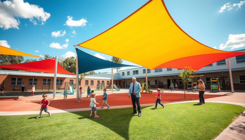 A vibrant school playground featuring colorful shadeports designed for sun protection. In the foreground, a well-maintained playground with children playing in a safe environment, enjoying the shaded areas created by large, fabric shade structures in various geometric shapes. In the middle ground, focus on the installation of shadeports, showcasing their sturdy frames and vibrant colors, with a few adults supervising, dressed in professional attire, ensuring safety. In the background, a clear blue sky and a few fluffy clouds, with a glimpse of the school building, enhancing the educational atmosphere. The lighting is bright and sunny, casting soft shadows, creating a cheerful and inviting mood. Use a wide-angle lens to encompass the entire scene, emphasizing the relationship between children, shade structures, and the school environment. A vibrant school playground featuring colorful shadeports designed for sun protection. In the foreground, a well-maintained playground with children playing in a safe environment, enjoying the shaded areas created by large, fabric shade structures in various geometric shapes. In the middle ground, focus on the installation of shadeports, showcasing their sturdy frames and vibrant colors, with a few adults supervising, dressed in professional attire, ensuring safety. In the background, a clear blue sky and a few fluffy clouds, with a glimpse of the school building, enhancing the educational atmosphere. The lighting is bright and sunny, casting soft shadows, creating a cheerful and inviting mood. Use a wide-angle lens to encompass the entire scene, emphasizing the relationship between children, shade structures, and the school environment.