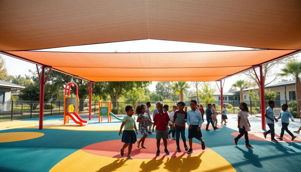 A vibrant school playground in Pretoria, featuring a well-designed shadeport that provides ample protection from the sun. In the foreground, colorful playground equipment such as swings and slides is arranged under the shade of the structure, with bright rubber flooring for safety. The middle ground includes children, dressed in modest casual clothing, happily playing and interacting with each other, creating a sense of joy and community. In the background, lush greenery and trees surround the playground, adding to the serene atmosphere. The sunlight filters softly through the shadeport, casting gentle shadows on the ground, hinting at a warm, inviting day. The composition is captured from a slightly elevated angle, showcasing the entire playground space and conveying a sense of safety and engagement. A vibrant school playground in Pretoria, featuring a well-designed shadeport that provides ample protection from the sun. In the foreground, colorful playground equipment such as swings and slides is arranged under the shade of the structure, with bright rubber flooring for safety. The middle ground includes children, dressed in modest casual clothing, happily playing and interacting with each other, creating a sense of joy and community. In the background, lush greenery and trees surround the playground, adding to the serene atmosphere. The sunlight filters softly through the shadeport, casting gentle shadows on the ground, hinting at a warm, inviting day. The composition is captured from a slightly elevated angle, showcasing the entire playground space and conveying a sense of safety and engagement.