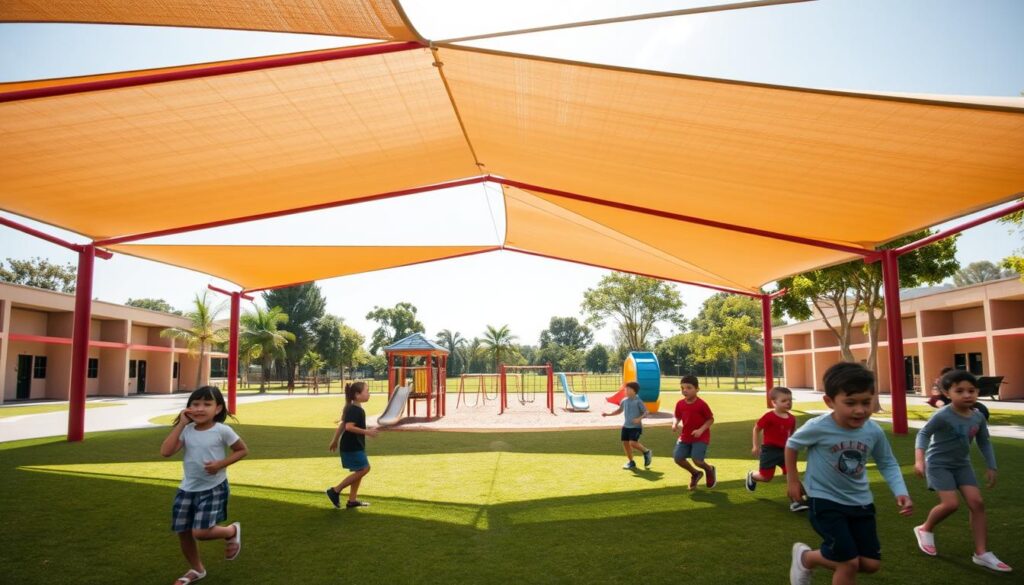 A vibrant school playground scene showcasing modern shadeports, designed with an innovative and colorful geometric structure. In the foreground, children play beneath the shadeport, engaged in various activities with joyful expressions, wearing modest casual clothing. The middle layer features a spacious, clean playground area with swings and slides, all sheltered under the sleek, fabric-draped shadeport that promotes a safe and comfortable environment. In the background, well-maintained grassy fields and trees provide a natural setting. The sunlight filters through the translucent material of the shadeport, casting soft, dappled shadows on the ground, creating a warm and inviting atmosphere. The perspective should be slightly elevated, capturing the essence of leisure and protection provided by the shadeports, with a focus on the smart choice they represent over hard-roof structures. A vibrant school playground scene showcasing modern shadeports, designed with an innovative and colorful geometric structure. In the foreground, children play beneath the shadeport, engaged in various activities with joyful expressions, wearing modest casual clothing. The middle layer features a spacious, clean playground area with swings and slides, all sheltered under the sleek, fabric-draped shadeport that promotes a safe and comfortable environment. In the background, well-maintained grassy fields and trees provide a natural setting. The sunlight filters through the translucent material of the shadeport, casting soft, dappled shadows on the ground, creating a warm and inviting atmosphere. The perspective should be slightly elevated, capturing the essence of leisure and protection provided by the shadeports, with a focus on the smart choice they represent over hard-roof structures.