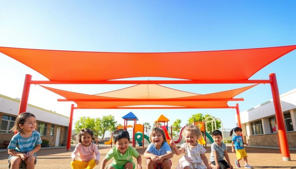 A vibrant school playground under a large, colorful shadeport providing UV protection. In the foreground, cheerful children, dressed in casual clothing, play with toys and laugh together, enjoying the comfort of the shaded area. The middle ground features the sturdy shadeport structure made of bright, durable materials, demonstrating its practical application for UV protection. In the background, a clear blue sky contrasts with the colorful playground equipment like slides and swings, symbolizing a safe and inviting environment. Soft, warm lighting enhances the joyous atmosphere, creating a welcoming feel. Angle the scene slightly from above to capture both the shadeport and the playful activities beneath it, showcasing the benefits of UV protection for children and staff. A vibrant school playground under a large, colorful shadeport providing UV protection. In the foreground, cheerful children, dressed in casual clothing, play with toys and laugh together, enjoying the comfort of the shaded area. The middle ground features the sturdy shadeport structure made of bright, durable materials, demonstrating its practical application for UV protection. In the background, a clear blue sky contrasts with the colorful playground equipment like slides and swings, symbolizing a safe and inviting environment. Soft, warm lighting enhances the joyous atmosphere, creating a welcoming feel. Angle the scene slightly from above to capture both the shadeport and the playful activities beneath it, showcasing the benefits of UV protection for children and staff.