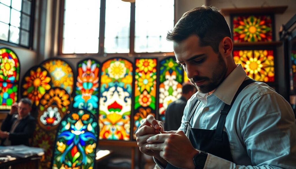 A vibrant stained glass workshop in Pretoria, showcasing an array of colorful stained glass panels. In the foreground, a skilled artisan carefully shapes a piece of glass, wearing professional business attire. The middle ground features an assortment of completed stained glass designs, featuring intricate patterns and a mix of bright hues—reds, blues, greens, and yellows—reflecting light in stunning ways. In the background, natural light streams through large windows, casting playful shadows and illuminating the workspace with a warm, inviting glow. The overall atmosphere is one of creativity and craftsmanship, emphasizing the art of stained glass repair and creation. The perspective captures the depth of the workshop, inviting the viewer into this artistic environment. A vibrant stained glass workshop in Pretoria, showcasing an array of colorful stained glass panels. In the foreground, a skilled artisan carefully shapes a piece of glass, wearing professional business attire. The middle ground features an assortment of completed stained glass designs, featuring intricate patterns and a mix of bright hues—reds, blues, greens, and yellows—reflecting light in stunning ways. In the background, natural light streams through large windows, casting playful shadows and illuminating the workspace with a warm, inviting glow. The overall atmosphere is one of creativity and craftsmanship, emphasizing the art of stained glass repair and creation. The perspective captures the depth of the workshop, inviting the viewer into this artistic environment.
