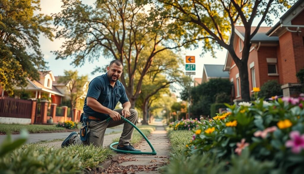 A vibrant street scene in Parktown North, Johannesburg, showcasing a local handyman at work. In the foreground, a friendly handyman wearing a polo shirt and tool belt is kneeling next to a garden hose, repairing a small leak. He is surrounded by lush greenery and well-maintained flower beds, illustrating the residential charm of the area. In the middle ground, classic Johannesburg architecture with red-brick houses and leafy trees line the street, bathed in warm afternoon sunlight. The background features a clear sky with soft clouds, adding to the serene atmosphere. The angle captures the action from slightly above, providing a sense of engagement with the handyman's task. The overall mood is inviting and community-oriented, emphasizing the importance of local services. A vibrant street scene in Parktown North, Johannesburg, showcasing a local handyman at work. In the foreground, a friendly handyman wearing a polo shirt and tool belt is kneeling next to a garden hose, repairing a small leak. He is surrounded by lush greenery and well-maintained flower beds, illustrating the residential charm of the area. In the middle ground, classic Johannesburg architecture with red-brick houses and leafy trees line the street, bathed in warm afternoon sunlight. The background features a clear sky with soft clouds, adding to the serene atmosphere. The angle captures the action from slightly above, providing a sense of engagement with the handyman's task. The overall mood is inviting and community-oriented, emphasizing the importance of local services.