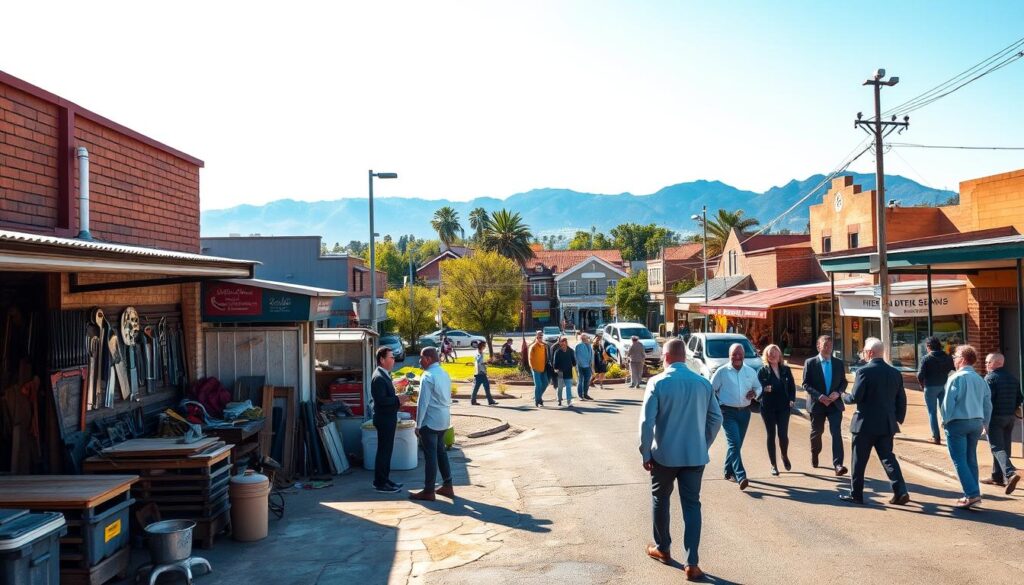 A vibrant street view of Pretoria West, showcasing a blend of industrial and residential architecture. In the foreground, a well-maintained workshop with tools and materials neatly organized outside, emphasizing handyman services. In the middle ground, a community park where families gather, surrounded by local shops and eateries, representing the spirit of Pretoria West. The background features iconic landmarks like the Magaliesberg Mountains under a clear blue sky. The scene is illuminated by warm afternoon sunlight, creating soft shadows and inviting warmth. Capture the atmosphere of a bustling neighborhood, with people in professional business attire engaging in conversation, reflecting community and trade. The perspective is slightly elevated, offering a comprehensive view of the area. A vibrant street view of Pretoria West, showcasing a blend of industrial and residential architecture. In the foreground, a well-maintained workshop with tools and materials neatly organized outside, emphasizing handyman services. In the middle ground, a community park where families gather, surrounded by local shops and eateries, representing the spirit of Pretoria West. The background features iconic landmarks like the Magaliesberg Mountains under a clear blue sky. The scene is illuminated by warm afternoon sunlight, creating soft shadows and inviting warmth. Capture the atmosphere of a bustling neighborhood, with people in professional business attire engaging in conversation, reflecting community and trade. The perspective is slightly elevated, offering a comprehensive view of the area.