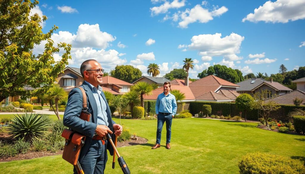 A vibrant suburban landscape in Meyersdal, Johannesburg South, featuring a range of residential homes and gardens. In the foreground, a friendly handyman in professional attire, holding tools, converses with a local homeowner in a well-kept yard. The middle ground showcases various distinctive houses with manicured lawns and trees, reflecting a sense of community and warmth. The background depicts a clear blue sky with soft, fluffy clouds, enhancing the inviting atmosphere. The lighting is bright and natural, capturing the essence of a sunny day. The perspective is slightly elevated, giving a comprehensive view of the area, creating a feeling of accessibility and local service. The overall mood is welcoming and professional, suitable for an article about repair services in the area. A vibrant suburban landscape in Meyersdal, Johannesburg South, featuring a range of residential homes and gardens. In the foreground, a friendly handyman in professional attire, holding tools, converses with a local homeowner in a well-kept yard. The middle ground showcases various distinctive houses with manicured lawns and trees, reflecting a sense of community and warmth. The background depicts a clear blue sky with soft, fluffy clouds, enhancing the inviting atmosphere. The lighting is bright and natural, capturing the essence of a sunny day. The perspective is slightly elevated, giving a comprehensive view of the area, creating a feeling of accessibility and local service. The overall mood is welcoming and professional, suitable for an article about repair services in the area.