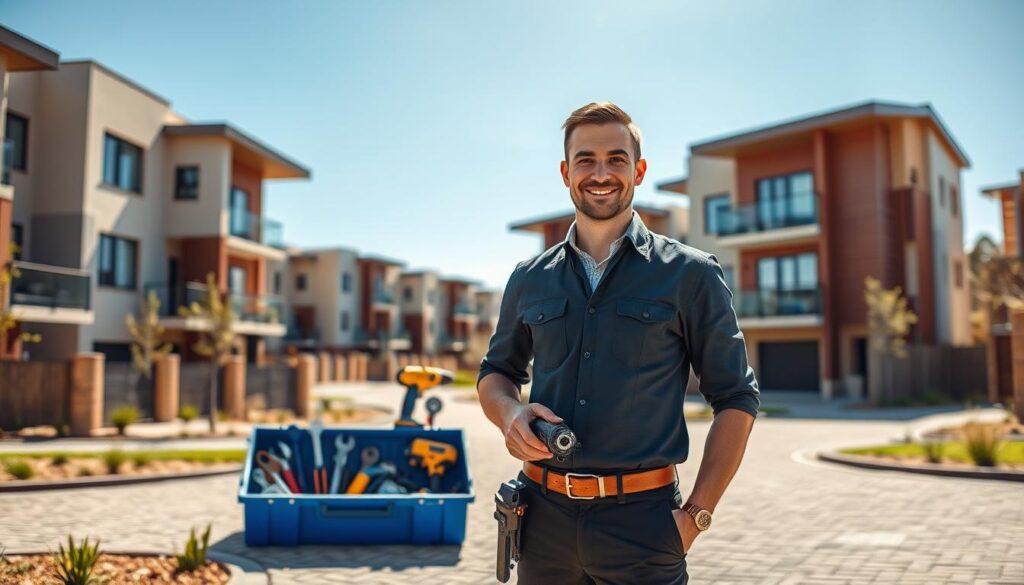 A vibrant view of a modern maintenance service facility located in Greenstone Hill, East Rand. In the foreground, a friendly handyman in professional attire stands with a toolbox, showcasing tools for complex maintenance, such as wrenches and a drill. In the middle ground, a well-maintained service vehicle with the company logo is parked beside a green park area filled with neatly trimmed lawns and flowering plants. The background features a cluster of contemporary townhouses, illustrating the complex where the services are offered, under a clear blue sky. The scene is bathed in warm, natural light, creating an inviting and professional atmosphere, captured from a slightly elevated angle to encompass both the service area and residential setting harmoniously. A vibrant view of a modern maintenance service facility located in Greenstone Hill, East Rand. In the foreground, a friendly handyman in professional attire stands with a toolbox, showcasing tools for complex maintenance, such as wrenches and a drill. In the middle ground, a well-maintained service vehicle with the company logo is parked beside a green park area filled with neatly trimmed lawns and flowering plants. The background features a cluster of contemporary townhouses, illustrating the complex where the services are offered, under a clear blue sky. The scene is bathed in warm, natural light, creating an inviting and professional atmosphere, captured from a slightly elevated angle to encompass both the service area and residential setting harmoniously.