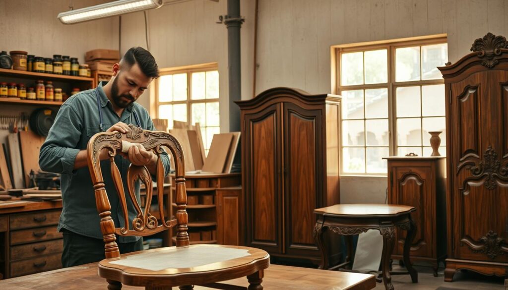 A vibrant workshop scene showcasing furniture refurbishment in Pretoria. In the foreground, a skilled artisan in modest casual attire is carefully sanding a vintage wooden chair, their focused expression epitomizing craftsmanship. On a nearby workbench, a variety of restored wooden items, like a beautifully grained table and ornate cabinet, are displayed, highlighting the transformation process. The middle layer features warm, natural lighting streaming through large windows, illuminating the rich textures of the wood and enhancing the inviting atmosphere. In the background, shelves filled with tools and jars of wood finishes create an organized, professional setting. The overall mood is warm and inspiring, emphasizing the art of giving new life to treasured furniture. A vibrant workshop scene showcasing furniture refurbishment in Pretoria. In the foreground, a skilled artisan in modest casual attire is carefully sanding a vintage wooden chair, their focused expression epitomizing craftsmanship. On a nearby workbench, a variety of restored wooden items, like a beautifully grained table and ornate cabinet, are displayed, highlighting the transformation process. The middle layer features warm, natural lighting streaming through large windows, illuminating the rich textures of the wood and enhancing the inviting atmosphere. In the background, shelves filled with tools and jars of wood finishes create an organized, professional setting. The overall mood is warm and inspiring, emphasizing the art of giving new life to treasured furniture.