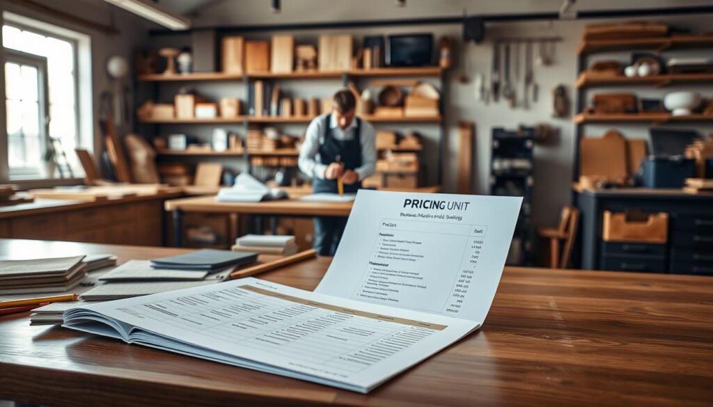 A visually appealing workspace setting showcasing a 'pricing unit' for custom joinery, emphasizing the intricacies of bespoke media units and shelving. In the foreground, a sleek, modern price list displayed on a polished wooden table, surrounded by sample materials like wood, fabric swatches, and hardware. The middle background features a craftsman measuring and sketching designs, dressed in professional attire, conveying expertise and attention to detail. In the background, a well-organized workshop with tools and shelves displaying finished products, bathed in warm, natural lighting to create a welcoming atmosphere. The scene captures a blend of professionalism and creativity, subtly reflecting the themes of pricing, lead times, and quotes in joinery. A visually appealing workspace setting showcasing a 'pricing unit' for custom joinery, emphasizing the intricacies of bespoke media units and shelving. In the foreground, a sleek, modern price list displayed on a polished wooden table, surrounded by sample materials like wood, fabric swatches, and hardware. The middle background features a craftsman measuring and sketching designs, dressed in professional attire, conveying expertise and attention to detail. In the background, a well-organized workshop with tools and shelves displaying finished products, bathed in warm, natural lighting to create a welcoming atmosphere. The scene captures a blend of professionalism and creativity, subtly reflecting the themes of pricing, lead times, and quotes in joinery.