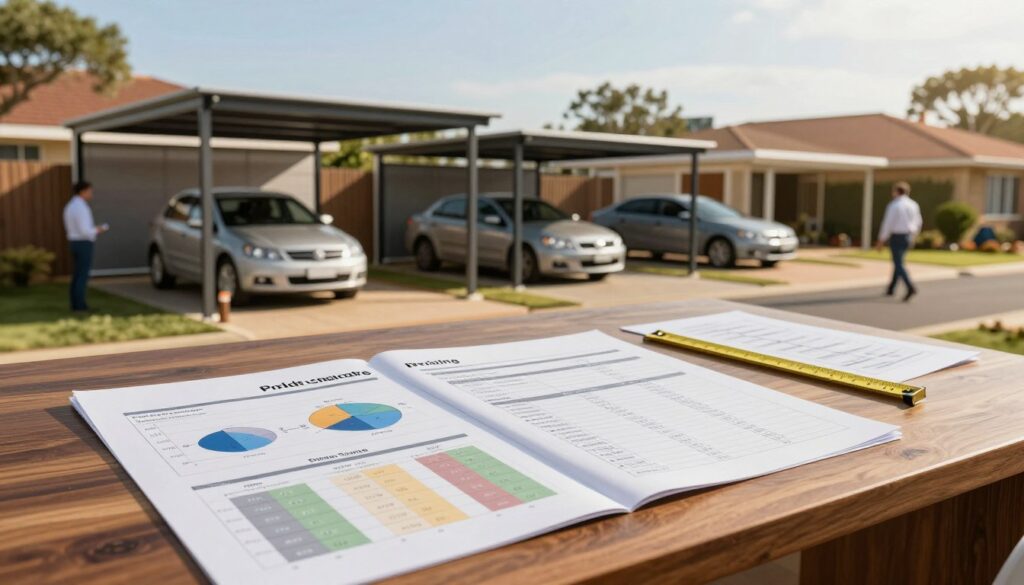 A visually engaging composition illustrating the concept of price in the context of carport side enclosure installation. In the foreground, a well-organized display featuring a variety of cost breakdown charts and pricing guides, elegantly laid out on a polished wooden desk. The middle ground showcases a partially constructed carport with enclosures, demonstrating different styles and materials available, accompanied by measuring tools and blueprints. In the background, a serene suburban setting in Pretoria with clear skies, highlighting daily life. The lighting is soft and warm, suggesting a sunny afternoon, creating an inviting and professional atmosphere. Capture the essence of affordability, quality, and practicality in this visual representation, using a slightly elevated angle to encompass the scene harmoniously. A visually engaging composition illustrating the concept of price in the context of carport side enclosure installation. In the foreground, a well-organized display featuring a variety of cost breakdown charts and pricing guides, elegantly laid out on a polished wooden desk. The middle ground showcases a partially constructed carport with enclosures, demonstrating different styles and materials available, accompanied by measuring tools and blueprints. In the background, a serene suburban setting in Pretoria with clear skies, highlighting daily life. The lighting is soft and warm, suggesting a sunny afternoon, creating an inviting and professional atmosphere. Capture the essence of affordability, quality, and practicality in this visual representation, using a slightly elevated angle to encompass the scene harmoniously.