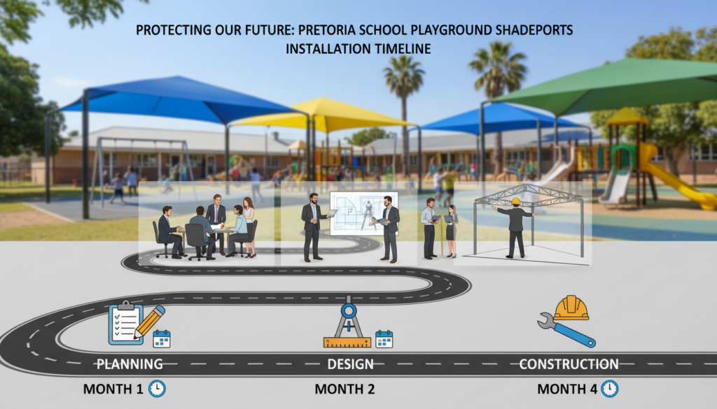 A visually engaging installation timeline for school playground shadeport installations in Pretoria. The foreground includes a detailed roadmap with clearly defined phases, such as planning, design, and construction, marked by icons representing tools and timelines. The middle layer features illustrations of various installation stages with professional team members in modest business attire, actively working together and measuring equipment. The background depicts a sunny school playground setting with vibrant colors, showing playground equipment and shaded areas created by the shadeports. The lighting is bright and natural, accentuating the cheerful atmosphere, with a slight depth of field effect to draw focus on the timeline. The image conveys professionalism, teamwork, and a sense of community enhancement. A visually engaging installation timeline for school playground shadeport installations in Pretoria. The foreground includes a detailed roadmap with clearly defined phases, such as planning, design, and construction, marked by icons representing tools and timelines. The middle layer features illustrations of various installation stages with professional team members in modest business attire, actively working together and measuring equipment. The background depicts a sunny school playground setting with vibrant colors, showing playground equipment and shaded areas created by the shadeports. The lighting is bright and natural, accentuating the cheerful atmosphere, with a slight depth of field effect to draw focus on the timeline. The image conveys professionalism, teamwork, and a sense of community enhancement.