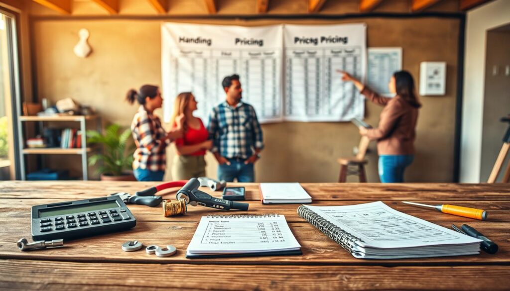 A visually engaging pricing guide illustration, centered on the theme of handyman services in Gauteng. In the foreground, display a neatly arranged wooden table with a calculator, a notepad with neatly written price estimates, and various handyman tools like a wrench and screwdriver. The middle ground features a diverse group of professionals in modest casual clothing, discussing repair pricing, with one pointing at a detailed pricing chart on the wall behind them. The background showcases a soft-focus view of a southeastern Gauteng neighborhood, hinting at residential repairs. Use natural lighting to create a warm, inviting atmosphere, with a slight depth of field effect to emphasize the central elements. The overall mood is informative, friendly, and professional. A visually engaging pricing guide illustration, centered on the theme of handyman services in Gauteng. In the foreground, display a neatly arranged wooden table with a calculator, a notepad with neatly written price estimates, and various handyman tools like a wrench and screwdriver. The middle ground features a diverse group of professionals in modest casual clothing, discussing repair pricing, with one pointing at a detailed pricing chart on the wall behind them. The background showcases a soft-focus view of a southeastern Gauteng neighborhood, hinting at residential repairs. Use natural lighting to create a warm, inviting atmosphere, with a slight depth of field effect to emphasize the central elements. The overall mood is informative, friendly, and professional.