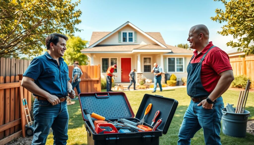 A warm and inviting scene showcasing a handyman team at work in a suburban backyard. In the foreground, two professional handymen, one wearing a blue shirt and the other in a red polo, are happily discussing their tools while standing beside a neatly arranged toolbox. The middle ground features various handyman services in action, such as a worker repairing a wooden fence and another painting a door. The background reveals a charming suburban home with a well-kept lawn under a clear blue sky. Soft, natural daylight creates a friendly atmosphere, while the angle captures both the activity and the harmonious environment, emphasizing affordability and professionalism in services that cater to budget-conscious homeowners. A warm and inviting scene showcasing a handyman team at work in a suburban backyard. In the foreground, two professional handymen, one wearing a blue shirt and the other in a red polo, are happily discussing their tools while standing beside a neatly arranged toolbox. The middle ground features various handyman services in action, such as a worker repairing a wooden fence and another painting a door. The background reveals a charming suburban home with a well-kept lawn under a clear blue sky. Soft, natural daylight creates a friendly atmosphere, while the angle captures both the activity and the harmonious environment, emphasizing affordability and professionalism in services that cater to budget-conscious homeowners.