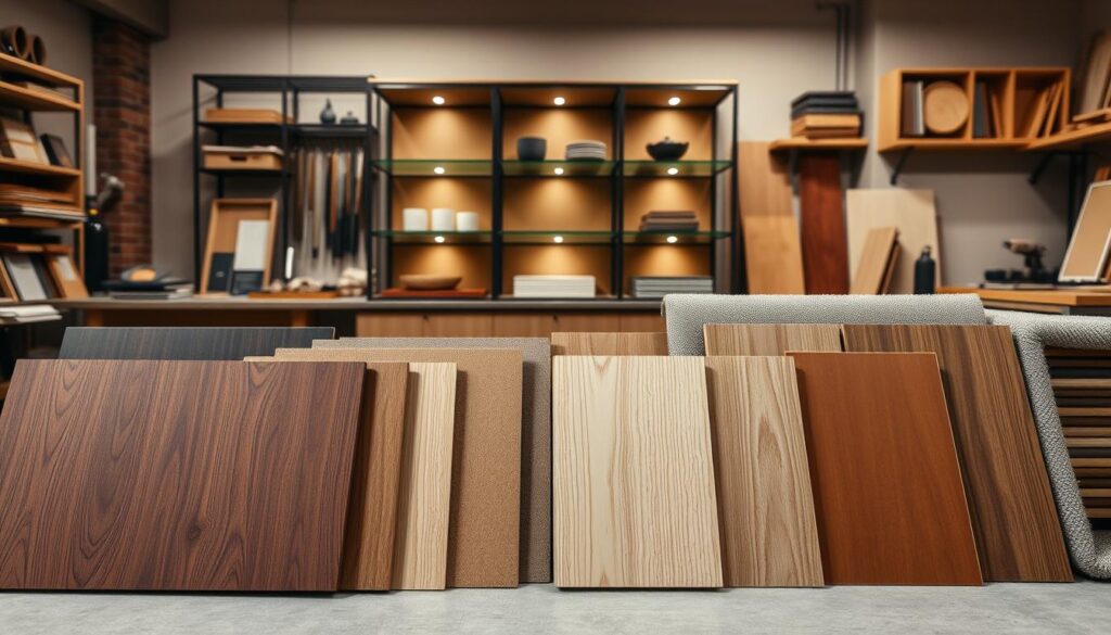 A well-arranged display of various materials for bespoke joinery, showcasing an array of finishes such as polished wood, matte and high-gloss laminates, and textured fabrics. In the foreground, several samples of rich mahogany and light oak are neatly arranged alongside color swatches in muted earth tones. In the middle ground, an elegant shelving unit highlights a combination of glass and wood elements, reflecting a modern yet timeless design. The background features a softly lit workshop setting with tools and materials that evoke a cozy, artisanal atmosphere. The lighting is warm and inviting, emphasizing the natural beauty of the materials and creating a mood of craftsmanship and durability. The scene is viewed at a slight angle to capture depth and detail without distractions. A well-arranged display of various materials for bespoke joinery, showcasing an array of finishes such as polished wood, matte and high-gloss laminates, and textured fabrics. In the foreground, several samples of rich mahogany and light oak are neatly arranged alongside color swatches in muted earth tones. In the middle ground, an elegant shelving unit highlights a combination of glass and wood elements, reflecting a modern yet timeless design. The background features a softly lit workshop setting with tools and materials that evoke a cozy, artisanal atmosphere. The lighting is warm and inviting, emphasizing the natural beauty of the materials and creating a mood of craftsmanship and durability. The scene is viewed at a slight angle to capture depth and detail without distractions.