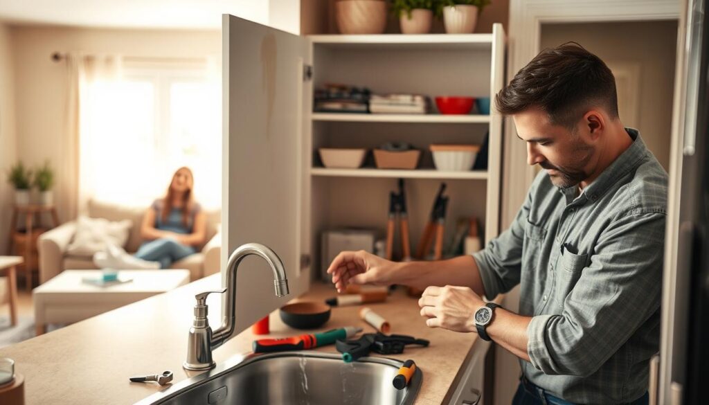 A well-lit, cozy home repair scene showcasing common household issues. In the foreground, a skilled handyman in modest casual clothing is fixing a leaky kitchen sink, tools neatly arranged beside him. In the middle, a partially open cabinet reveals water stains and plumbing tools, indicating maintenance work in progress. To the side, a small area with a homeowner observing, looking relieved and engaged. In the background, a warm, inviting living space with light-colored walls and natural light filtering through a window, creating a positive, proactive atmosphere. The overall mood is one of professionalism, comfort, and readiness to tackle home repair challenges, captured in a balanced composition with soft lighting that highlights the workspace. A well-lit, cozy home repair scene showcasing common household issues. In the foreground, a skilled handyman in modest casual clothing is fixing a leaky kitchen sink, tools neatly arranged beside him. In the middle, a partially open cabinet reveals water stains and plumbing tools, indicating maintenance work in progress. To the side, a small area with a homeowner observing, looking relieved and engaged. In the background, a warm, inviting living space with light-colored walls and natural light filtering through a window, creating a positive, proactive atmosphere. The overall mood is one of professionalism, comfort, and readiness to tackle home repair challenges, captured in a balanced composition with soft lighting that highlights the workspace.