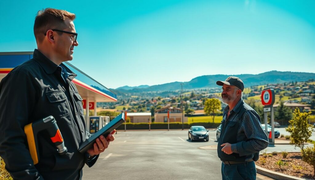 A well-lit exterior view of Kempton Park Services, showcasing its modern convenience store and fuel pumps, nestled in a clean, landscaped environment. In the foreground, a friendly handyman in professional business attire, equipped with tools, is helping a customer with a query. The middle ground includes a tidy parking area with a few cars, and in the background, the iconic South African landscape featuring greenery and distant suburban buildings under a bright blue sky. The scene is vibrant and inviting, conveying a sense of trust and reliability. Use a slight wide-angle perspective to capture the bustle of activity while keeping a warm, friendly atmosphere. A well-lit exterior view of Kempton Park Services, showcasing its modern convenience store and fuel pumps, nestled in a clean, landscaped environment. In the foreground, a friendly handyman in professional business attire, equipped with tools, is helping a customer with a query. The middle ground includes a tidy parking area with a few cars, and in the background, the iconic South African landscape featuring greenery and distant suburban buildings under a bright blue sky. The scene is vibrant and inviting, conveying a sense of trust and reliability. Use a slight wide-angle perspective to capture the bustle of activity while keeping a warm, friendly atmosphere.