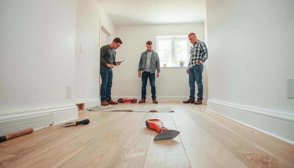 A well-lit interior room during the preparation phase of flooring removal, featuring a clean and organized space. In the foreground, baseboards are being carefully removed, showcasing the detail of wood grains and paint. Tools like a pry bar and utility knife are visible, along with a drop cloth to protect the floor. In the middle ground, a pair of professionals in modest casual clothing are inspecting the area, demonstrating teamwork and focus. The background shows clean walls ready for work, with natural light streaming in from a window, creating a bright and productive atmosphere. The overall mood is efficient and organized, emphasizing a fast and careful preparation process for flooring renovation. A well-lit interior room during the preparation phase of flooring removal, featuring a clean and organized space. In the foreground, baseboards are being carefully removed, showcasing the detail of wood grains and paint. Tools like a pry bar and utility knife are visible, along with a drop cloth to protect the floor. In the middle ground, a pair of professionals in modest casual clothing are inspecting the area, demonstrating teamwork and focus. The background shows clean walls ready for work, with natural light streaming in from a window, creating a bright and productive atmosphere. The overall mood is efficient and organized, emphasizing a fast and careful preparation process for flooring renovation.