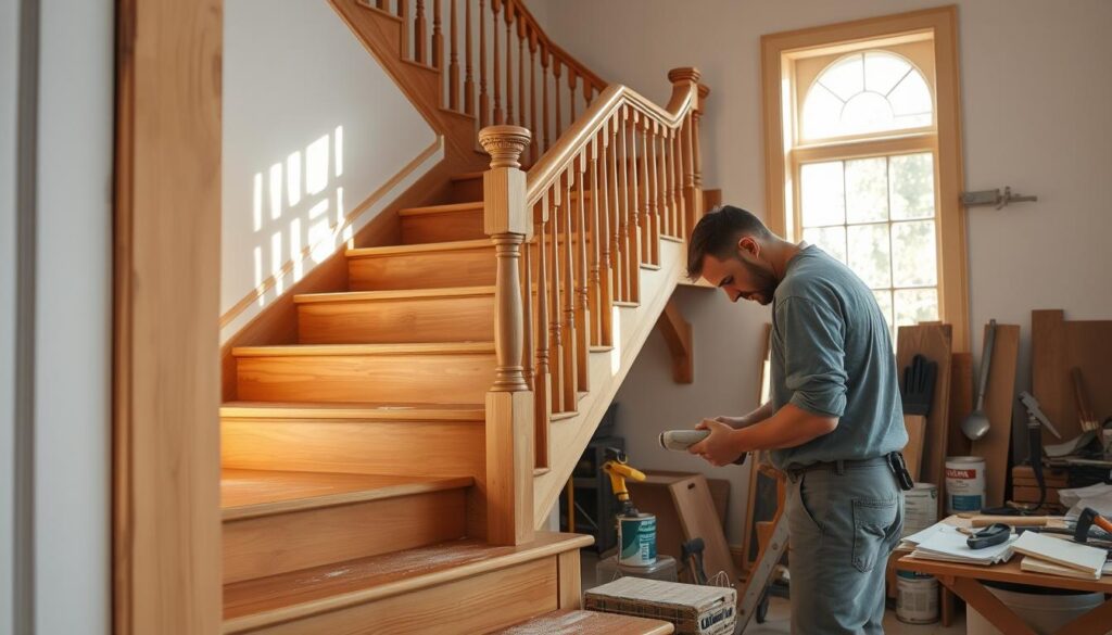 A well-lit interior scene featuring a wooden staircase undergoing sanding. In the foreground, a skilled worker dressed in modest casual work attire focuses on sanding the smooth, polished wood of the staircase steps. The middle ground showcases the staircase with its elegant banisters, partially unfinished, revealing the grain of the wood. Bright sunlight filters through a nearby window, casting warm light and soft shadows that highlight the textures of the wood and the sanding dust in the air. The background is filled with tools and materials for stair finishing, like sandpaper, varnish cans, and brushes, all organized neatly. The atmosphere is industrious yet calm, reflecting a professional approach to stair finishing. A well-lit interior scene featuring a wooden staircase undergoing sanding. In the foreground, a skilled worker dressed in modest casual work attire focuses on sanding the smooth, polished wood of the staircase steps. The middle ground showcases the staircase with its elegant banisters, partially unfinished, revealing the grain of the wood. Bright sunlight filters through a nearby window, casting warm light and soft shadows that highlight the textures of the wood and the sanding dust in the air. The background is filled with tools and materials for stair finishing, like sandpaper, varnish cans, and brushes, all organized neatly. The atmosphere is industrious yet calm, reflecting a professional approach to stair finishing.