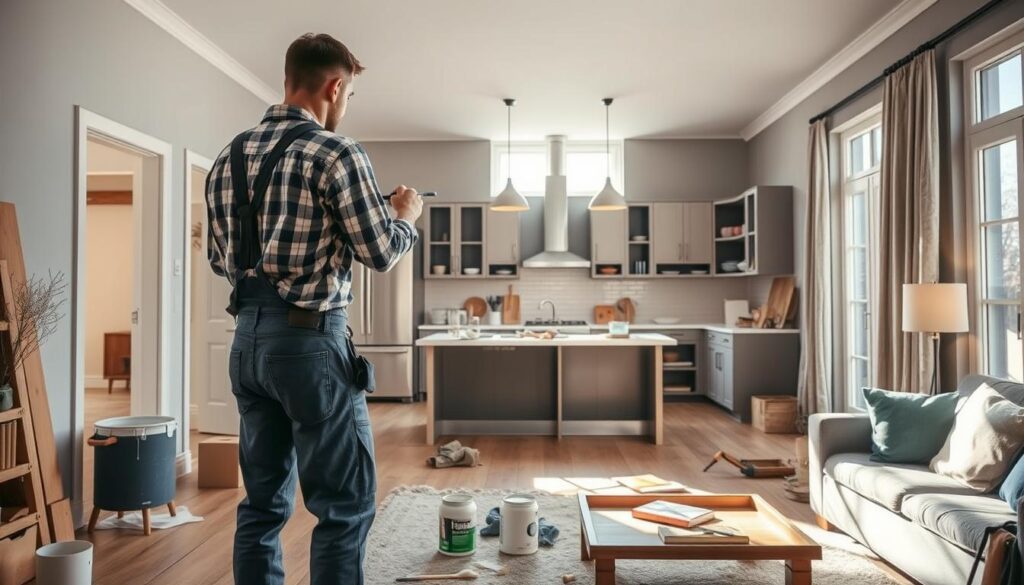 A well-lit interior scene of a home renovation in Morningside, showcasing a cozy living room under transformation. In the foreground, a skilled handyman in professional attire is applying fresh paint to the walls, with paint supplies scattered nearby. The middle section features a partially renovated kitchen with modern cabinets and open shelves, filled with tools and materials, highlighting the ongoing improvements. In the background, natural light streams through large windows, illuminating the space and enhancing the vibrant colors of the new decor. The atmosphere is dynamic and inviting, reflecting the energy of a home being revitalized, emphasizing craftsmanship and attention to detail. The perspective is angled to capture the full essence of the renovation process, with a warm and welcoming ambiance. A well-lit interior scene of a home renovation in Morningside, showcasing a cozy living room under transformation. In the foreground, a skilled handyman in professional attire is applying fresh paint to the walls, with paint supplies scattered nearby. The middle section features a partially renovated kitchen with modern cabinets and open shelves, filled with tools and materials, highlighting the ongoing improvements. In the background, natural light streams through large windows, illuminating the space and enhancing the vibrant colors of the new decor. The atmosphere is dynamic and inviting, reflecting the energy of a home being revitalized, emphasizing craftsmanship and attention to detail. The perspective is angled to capture the full essence of the renovation process, with a warm and welcoming ambiance.
