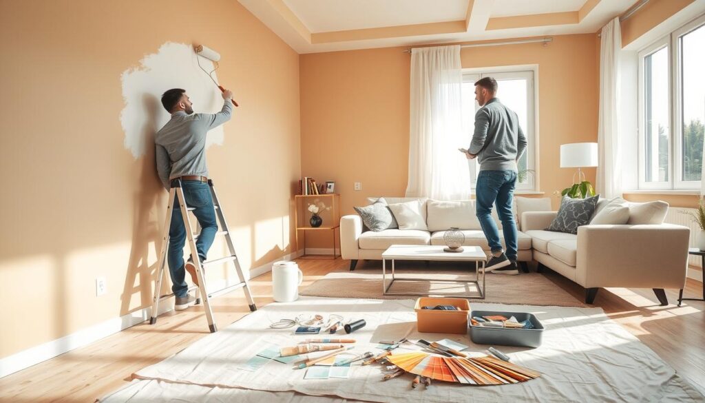 A well-lit interior space being freshly painted, showcasing a cozy living room with warm beige walls. In the foreground, a professional handyman dressed in smart casual attire diligently applies a fresh coat of paint with a roller. He carefully balances on a small ladder, focused on reaching the upper corners of the wall. In the middle ground, various painting tools—brushes, trays, and color swatches—are neatly arranged on a drop cloth. The background features stylish furniture with a minimalistic design and a large window allowing natural light to pour in, creating a bright and inviting atmosphere. Soft shadows add depth, while the overall composition emphasizes a feeling of renewal and care in home maintenance. A well-lit interior space being freshly painted, showcasing a cozy living room with warm beige walls. In the foreground, a professional handyman dressed in smart casual attire diligently applies a fresh coat of paint with a roller. He carefully balances on a small ladder, focused on reaching the upper corners of the wall. In the middle ground, various painting tools—brushes, trays, and color swatches—are neatly arranged on a drop cloth. The background features stylish furniture with a minimalistic design and a large window allowing natural light to pour in, creating a bright and inviting atmosphere. Soft shadows add depth, while the overall composition emphasizes a feeling of renewal and care in home maintenance.
