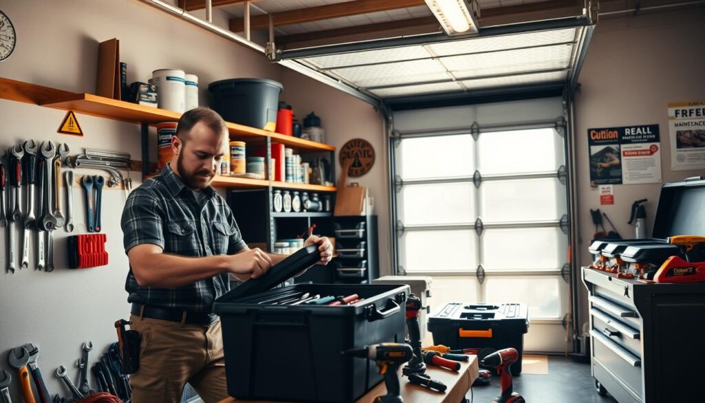 A well-lit maintenance services area showcasing a variety of tools and equipment, such as wrenches, screwdrivers, and power tools organized on a workbench. In the foreground, a handyman in modest casual wear inspects a toolbox, displaying professionalism and readiness. The middle ground features shelves stocked with paint cans, storage bins, and a large toolbox, hinting at diverse repair services. In the background, a garage door is partially open, allowing natural light to stream in, creating a warm and inviting atmosphere. Subtle details like a caution sign and repair posters enhance the environment. The overall mood is efficient and trustworthy, emphasizing reliability in local handyman services. A well-lit maintenance services area showcasing a variety of tools and equipment, such as wrenches, screwdrivers, and power tools organized on a workbench. In the foreground, a handyman in modest casual wear inspects a toolbox, displaying professionalism and readiness. The middle ground features shelves stocked with paint cans, storage bins, and a large toolbox, hinting at diverse repair services. In the background, a garage door is partially open, allowing natural light to stream in, creating a warm and inviting atmosphere. Subtle details like a caution sign and repair posters enhance the environment. The overall mood is efficient and trustworthy, emphasizing reliability in local handyman services.