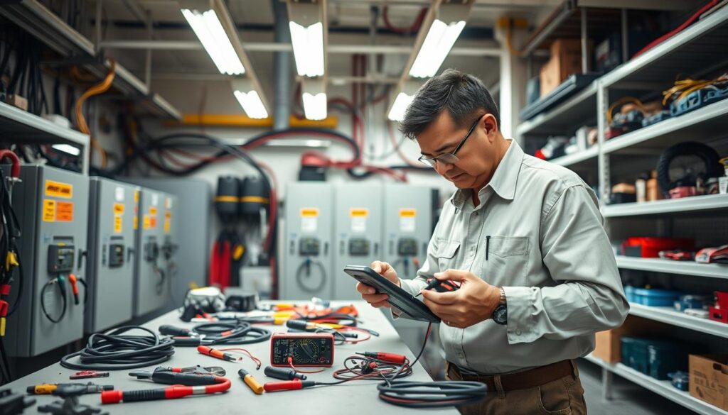A well-lit scene of an electrician in a modern, well-equipped workshop, focusing on electrical repairs. In the foreground, the electrician, a middle-aged individual in a professional shirt and work pants, is inspecting a circuit board with a multimeter. Tools and cables are neatly organized on a workbench, showcasing the attention to detail. The middle area features electrical panels with safety compliance stickers and various tools scattered around, emphasizing the importance of safety in electrical work. In the background, shelves filled with wiring and tools are illuminated by bright overhead lights, creating a clean and professional atmosphere. The overall mood is focused and diligent, reflecting a commitment to quality and compliance in electrical repairs. A well-lit scene of an electrician in a modern, well-equipped workshop, focusing on electrical repairs. In the foreground, the electrician, a middle-aged individual in a professional shirt and work pants, is inspecting a circuit board with a multimeter. Tools and cables are neatly organized on a workbench, showcasing the attention to detail. The middle area features electrical panels with safety compliance stickers and various tools scattered around, emphasizing the importance of safety in electrical work. In the background, shelves filled with wiring and tools are illuminated by bright overhead lights, creating a clean and professional atmosphere. The overall mood is focused and diligent, reflecting a commitment to quality and compliance in electrical repairs.