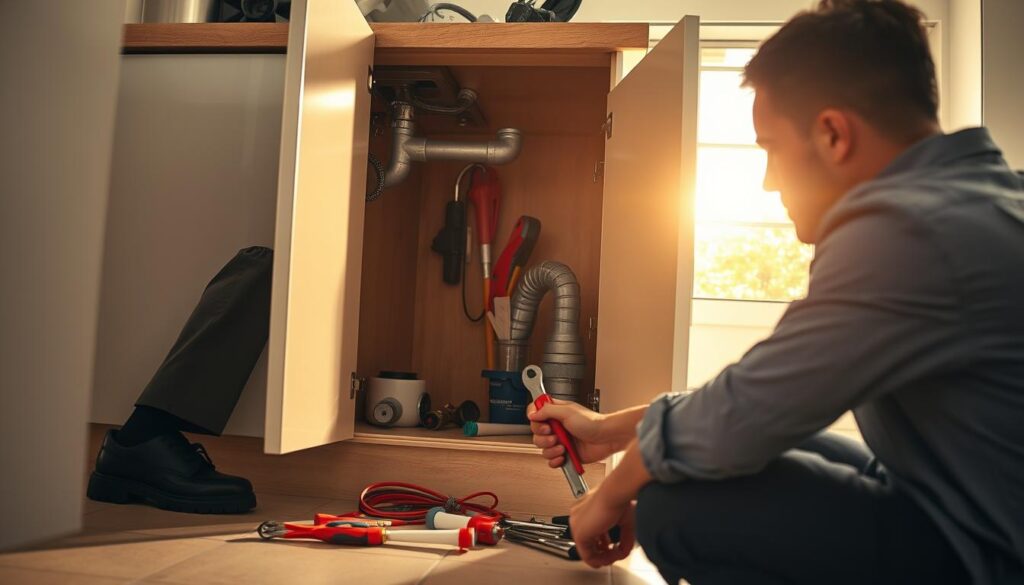 A well-lit scene of an emergency plumbing situation in Randburg, showcasing a skilled handyman working diligently under a kitchen sink. In the foreground, the handyman, wearing professional business attire, is crouched and focused, using tools like a wrench and pipe cleaner. The middle of the image displays an open cabinet with various plumbing parts and tools slightly scattered about, emphasizing the urgency of the situation. In the background, a bright window lets in warm, natural light, illuminating the room with a welcoming atmosphere. The overall mood conveys professionalism and prompt action, highlighting the reliability of emergency handyman services. The image captures the essence of urgent home repair while maintaining a clean and organized appearance. A well-lit scene of an emergency plumbing situation in Randburg, showcasing a skilled handyman working diligently under a kitchen sink. In the foreground, the handyman, wearing professional business attire, is crouched and focused, using tools like a wrench and pipe cleaner. The middle of the image displays an open cabinet with various plumbing parts and tools slightly scattered about, emphasizing the urgency of the situation. In the background, a bright window lets in warm, natural light, illuminating the room with a welcoming atmosphere. The overall mood conveys professionalism and prompt action, highlighting the reliability of emergency handyman services. The image captures the essence of urgent home repair while maintaining a clean and organized appearance.