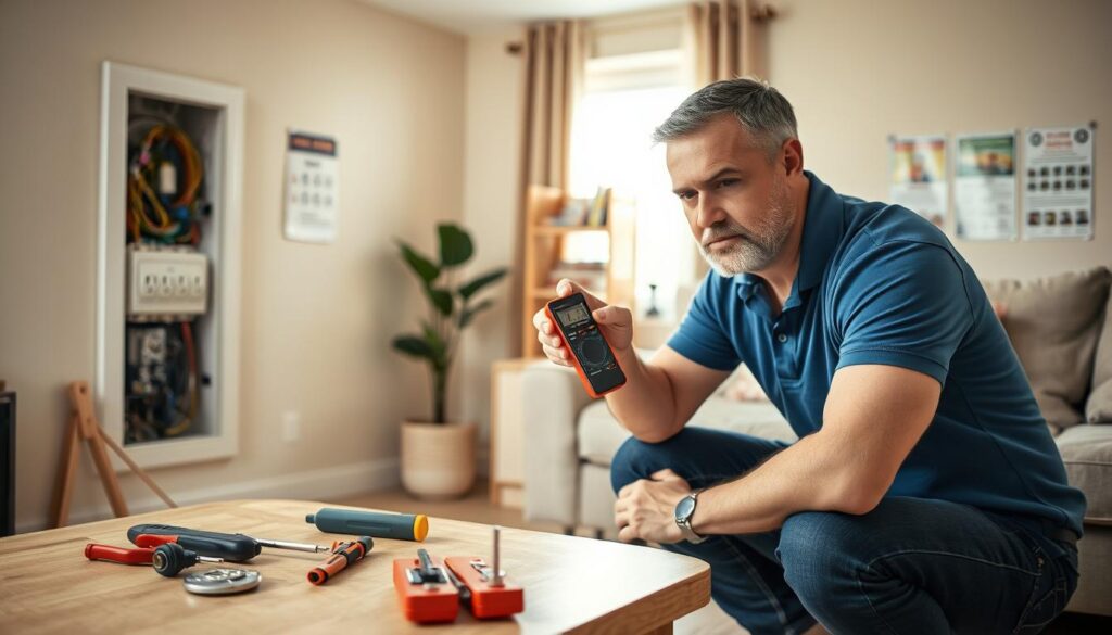 A well-lit scene showcasing a professional electrician at work repairing a wall socket in a cozy, modern living room. The electrician, a middle-aged man in a blue polo shirt and dark jeans, crouches down while checking wiring with a multimeter. In the foreground, tools like pliers and screwdrivers are neatly organized on a nearby table. In the middle ground, the partially open electrical panel reveals colorful wires and components. The background features neutral-toned walls adorned with safety compliance posters. Warm, natural light filters in through a window, creating a welcoming atmosphere. The focus is sharp on the electrician's careful expression, highlighting the meticulousness of electrical repairs and emphasizing a safe working environment. A well-lit scene showcasing a professional electrician at work repairing a wall socket in a cozy, modern living room. The electrician, a middle-aged man in a blue polo shirt and dark jeans, crouches down while checking wiring with a multimeter. In the foreground, tools like pliers and screwdrivers are neatly organized on a nearby table. In the middle ground, the partially open electrical panel reveals colorful wires and components. The background features neutral-toned walls adorned with safety compliance posters. Warm, natural light filters in through a window, creating a welcoming atmosphere. The focus is sharp on the electrician's careful expression, highlighting the meticulousness of electrical repairs and emphasizing a safe working environment.