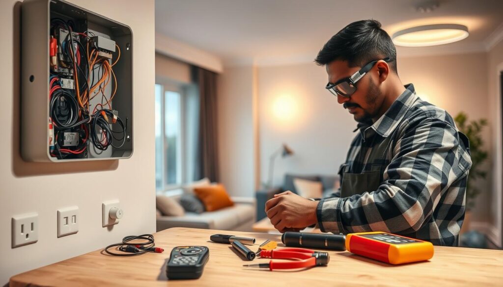 A well-lit scene showcasing a skilled electrician performing electrical repairs in a residential setting. In the foreground, the electrician, dressed in professional work attire, is meticulously connecting wires inside a wall-mounted electrical panel. The middle of the image features various tools like wire strippers, a multimeter, and safety goggles neatly arranged on a workbench. In the background, a partially renovated living room reveals new outlets and safely covered wires, emphasizing compliance with electrical standards. Soft, warm lighting emanates from ceiling fixtures, creating a welcoming atmosphere, while a slightly blurred window shows a glimpse of Johannesburg's urban landscape. The focus is sharp on the electrician’s detailed work, conveying a sense of professionalism and safety in home renovations. A well-lit scene showcasing a skilled electrician performing electrical repairs in a residential setting. In the foreground, the electrician, dressed in professional work attire, is meticulously connecting wires inside a wall-mounted electrical panel. The middle of the image features various tools like wire strippers, a multimeter, and safety goggles neatly arranged on a workbench. In the background, a partially renovated living room reveals new outlets and safely covered wires, emphasizing compliance with electrical standards. Soft, warm lighting emanates from ceiling fixtures, creating a welcoming atmosphere, while a slightly blurred window shows a glimpse of Johannesburg's urban landscape. The focus is sharp on the electrician’s detailed work, conveying a sense of professionalism and safety in home renovations.