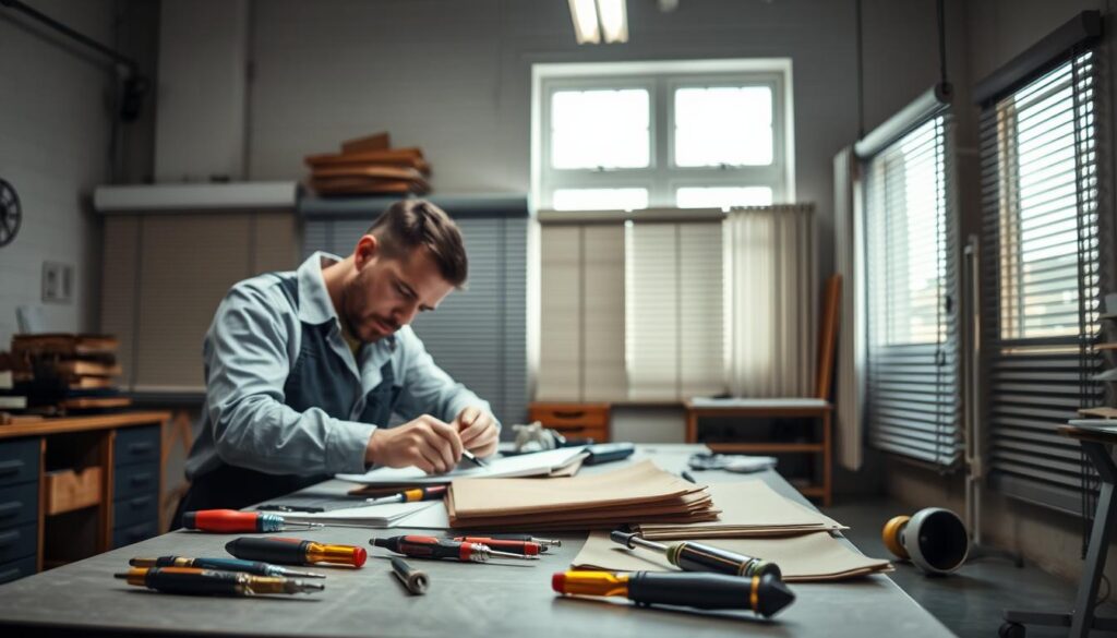 A well-lit workshop scene focused on a skilled technician expertly repairing a set of blinds. In the foreground, tools like screwdrivers and fabric swatches are scattered on a workbench, with the technician wearing smart casual attire, showcasing concentration and professionalism. The middle ground features various types of blinds—roller, Venetian, and vertical—displayed in different states of repair, emphasizing the repair process. In the background, a window allows natural light to filter in, enhancing the atmosphere of industriousness and efficiency. The setting is clean and organized, suggesting a sustainable approach to repairs. The overall mood conveys a sense of reliability and expertise in the repair versus replacement debate. A well-lit workshop scene focused on a skilled technician expertly repairing a set of blinds. In the foreground, tools like screwdrivers and fabric swatches are scattered on a workbench, with the technician wearing smart casual attire, showcasing concentration and professionalism. The middle ground features various types of blinds—roller, Venetian, and vertical—displayed in different states of repair, emphasizing the repair process. In the background, a window allows natural light to filter in, enhancing the atmosphere of industriousness and efficiency. The setting is clean and organized, suggesting a sustainable approach to repairs. The overall mood conveys a sense of reliability and expertise in the repair versus replacement debate.