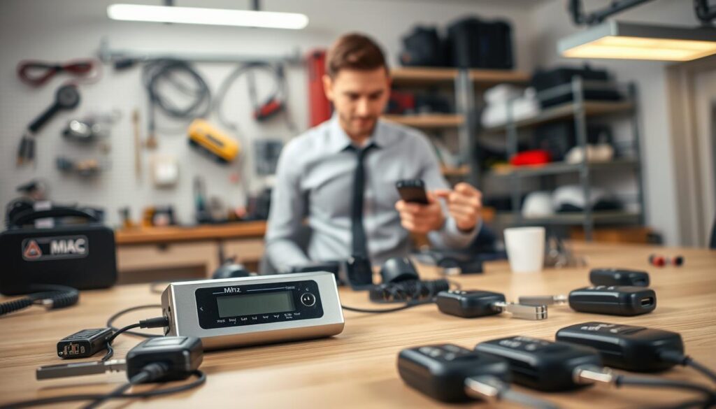 A well-lit workspace featuring a close-up of a modern programming transmitter designed for MHz frequency, lying on a wooden table. The transmitter, sleek and metallic with a digital display, is surrounded by various garage door remote controls and receivers, showcasing their connections. In the background, blurred shelves filled with electronic tools and components add context to the setting. Soft overhead lighting casts a warm glow, creating a focused atmosphere conducive to tech work. A professional individual, dressed in smart casual attire, is seen in the background, seemingly engaged in pairing the transmitter with a remote, illustrating the process of programming and troubleshooting. The overall mood conveys a sense of innovation and practicality in electronics. A well-lit workspace featuring a close-up of a modern programming transmitter designed for MHz frequency, lying on a wooden table. The transmitter, sleek and metallic with a digital display, is surrounded by various garage door remote controls and receivers, showcasing their connections. In the background, blurred shelves filled with electronic tools and components add context to the setting. Soft overhead lighting casts a warm glow, creating a focused atmosphere conducive to tech work. A professional individual, dressed in smart casual attire, is seen in the background, seemingly engaged in pairing the transmitter with a remote, illustrating the process of programming and troubleshooting. The overall mood conveys a sense of innovation and practicality in electronics.