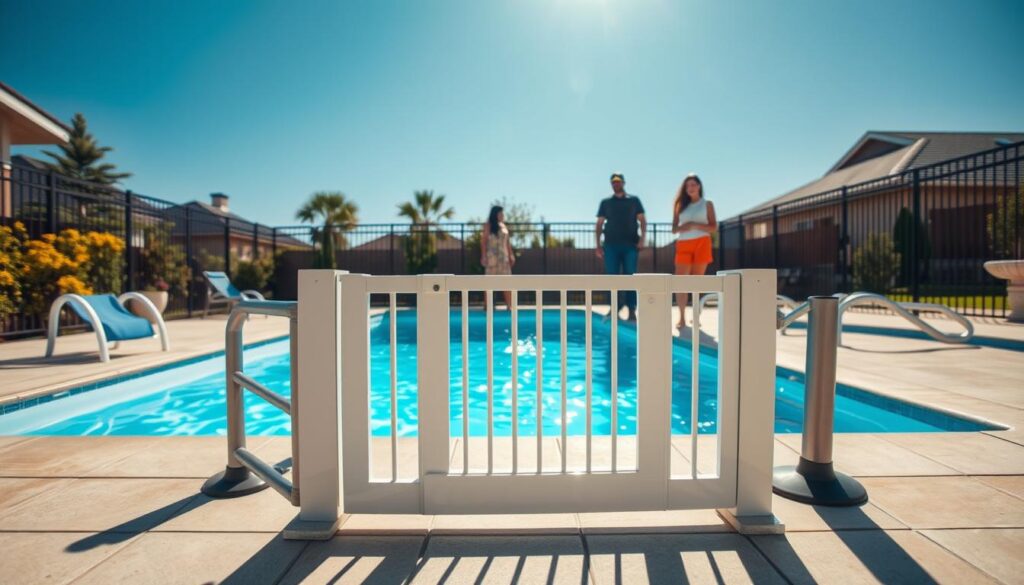 A well-maintained residential swimming pool surrounded by a modern safety fence and various compliance barriers, showcasing vibrant greenery and a clear blue sky. In the foreground, a child safety gate is securely closed, demonstrating proper installation, while in the middle ground, a family of four in modest casual clothing inspects the pool area, emphasizing vigilance and safety. The background features a pristine pool with sparkling water, complemented by sunlit reflections that create a warm, inviting atmosphere. Soft shadows enhance the scene's depth, captured with a wide-angle lens to include the pool's safety features in clear detail. The overall mood conveys a sense of security and peace of mind for families. A well-maintained residential swimming pool surrounded by a modern safety fence and various compliance barriers, showcasing vibrant greenery and a clear blue sky. In the foreground, a child safety gate is securely closed, demonstrating proper installation, while in the middle ground, a family of four in modest casual clothing inspects the pool area, emphasizing vigilance and safety. The background features a pristine pool with sparkling water, complemented by sunlit reflections that create a warm, inviting atmosphere. Soft shadows enhance the scene's depth, captured with a wide-angle lens to include the pool's safety features in clear detail. The overall mood conveys a sense of security and peace of mind for families.
