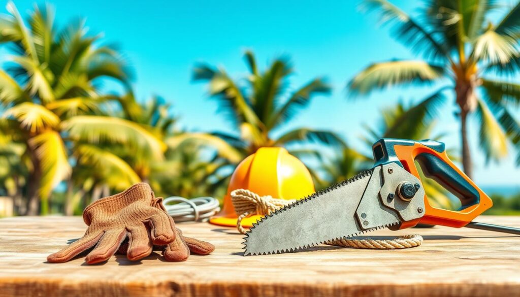 A well-organized composition featuring a variety of palm tree cleaning and trimming tools in the foreground. Include a sturdy pair of gloves, a pruning saw, and a rope on a wooden workbench, showcasing their metallic shine and vibrant colors. In the middle ground, place a neatly coiled extension cord and a safety helmet, highlighting the importance of preparation and safety gear. In the background, softly blurred palm trees sway against a bright blue sky, emphasizing the tropical setting. Use natural lighting to create a warm, inviting atmosphere, enhancing the sense of readiness for a landscaping task. The angle should be slightly above the workbench, capturing the tools and gear in an engaging, professional manner, while maintaining a clean and focused layout free of distractions. A well-organized composition featuring a variety of palm tree cleaning and trimming tools in the foreground. Include a sturdy pair of gloves, a pruning saw, and a rope on a wooden workbench, showcasing their metallic shine and vibrant colors. In the middle ground, place a neatly coiled extension cord and a safety helmet, highlighting the importance of preparation and safety gear. In the background, softly blurred palm trees sway against a bright blue sky, emphasizing the tropical setting. Use natural lighting to create a warm, inviting atmosphere, enhancing the sense of readiness for a landscaping task. The angle should be slightly above the workbench, capturing the tools and gear in an engaging, professional manner, while maintaining a clean and focused layout free of distractions.