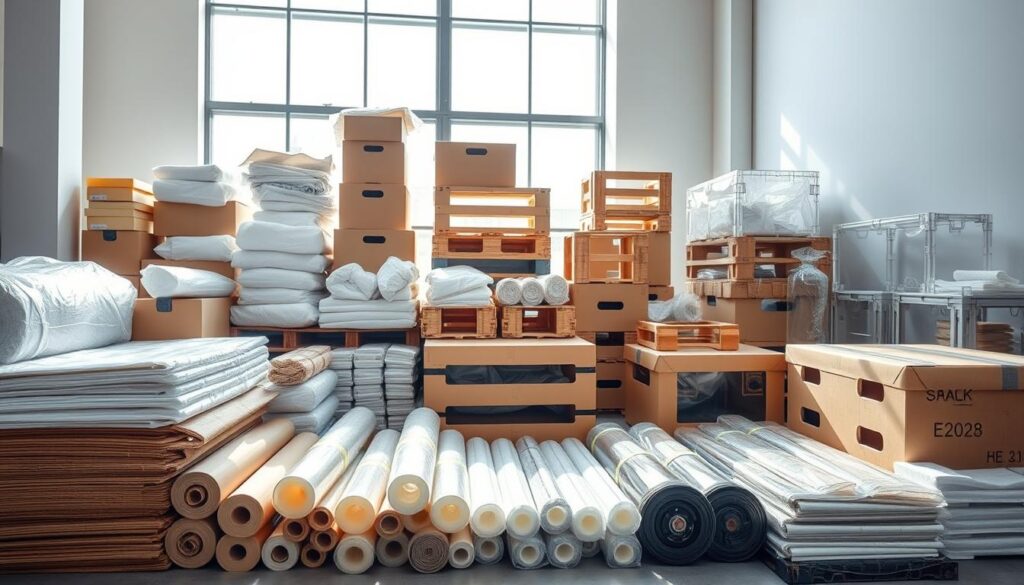 A well-organized display of professional packing options for protective wrapping and crating. In the foreground, showcase various types of packing materials such as bubble wrap, foam sheets, and sturdy cardboard boxes, arranged neatly to illustrate their transparent qualities. The middle ground features a diverse array of crating solutions, with an emphasis on transparency, such as clear plastic wraps and see-through crates. In the background, soft natural lighting filters in through a large window, casting gentle shadows. The mood is professional and informative, capturing the essence of quality packing services. The angle should be slightly elevated, offering a clear view of each option without any text, watermarks, or distractions, focusing solely on the various packing materials and their arrangement. A well-organized display of professional packing options for protective wrapping and crating. In the foreground, showcase various types of packing materials such as bubble wrap, foam sheets, and sturdy cardboard boxes, arranged neatly to illustrate their transparent qualities. The middle ground features a diverse array of crating solutions, with an emphasis on transparency, such as clear plastic wraps and see-through crates. In the background, soft natural lighting filters in through a large window, casting gentle shadows. The mood is professional and informative, capturing the essence of quality packing services. The angle should be slightly elevated, offering a clear view of each option without any text, watermarks, or distractions, focusing solely on the various packing materials and their arrangement.