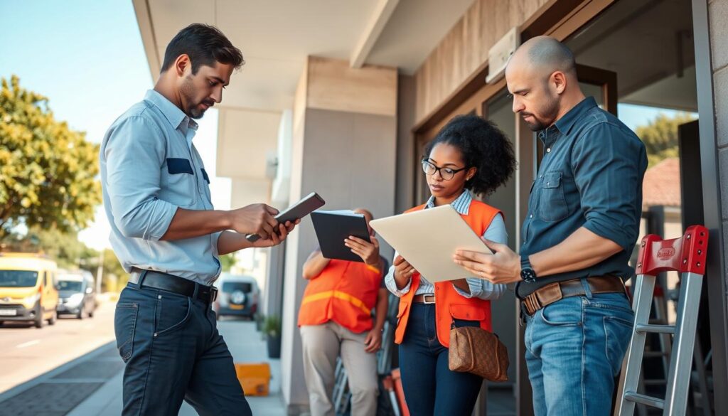 A well-organized maintenance service scene showcasing a diverse team of three skilled professionals in smart casual attire, collaborating on a commercial building's exterior. In the foreground, a male technician is inspecting plumbing details, while a female technician is checking electrical outlets, and a third professional is reviewing maintenance records on a tablet. The middle ground features various tools and equipment, such as a toolbox, ladder, and maintenance vehicles parked nearby. The background depicts an urban Midrand setting with clear blue skies, and vibrant greenery. Soft natural lighting illuminates the scene, creating a welcoming and efficient atmosphere, focusing on teamwork and reliability. The composition is shot from a slightly elevated angle to capture the action and teamwork effectively. A well-organized maintenance service scene showcasing a diverse team of three skilled professionals in smart casual attire, collaborating on a commercial building's exterior. In the foreground, a male technician is inspecting plumbing details, while a female technician is checking electrical outlets, and a third professional is reviewing maintenance records on a tablet. The middle ground features various tools and equipment, such as a toolbox, ladder, and maintenance vehicles parked nearby. The background depicts an urban Midrand setting with clear blue skies, and vibrant greenery. Soft natural lighting illuminates the scene, creating a welcoming and efficient atmosphere, focusing on teamwork and reliability. The composition is shot from a slightly elevated angle to capture the action and teamwork effectively.