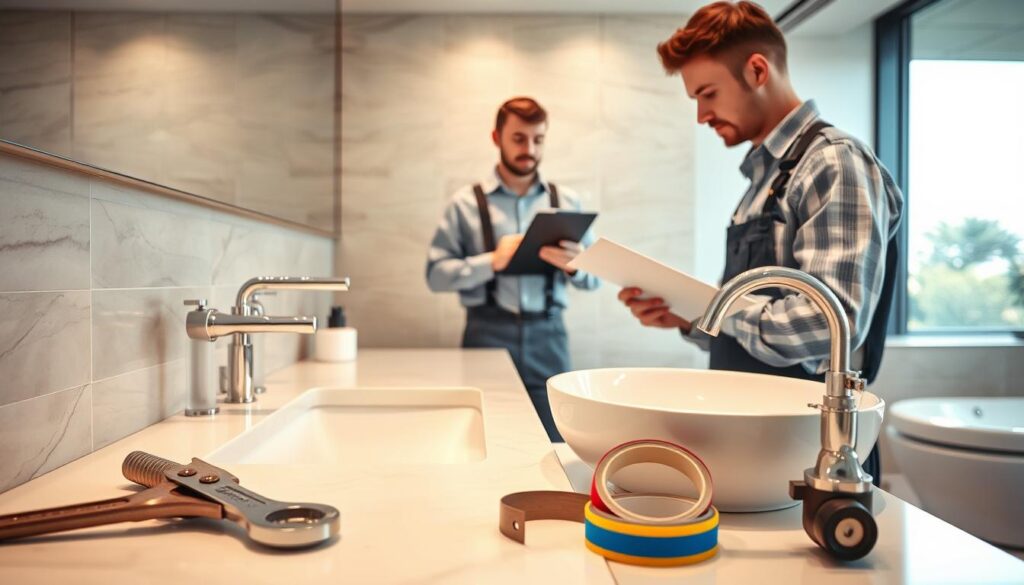 A well-organized plumbing workspace in a luxury home setting, featuring a professional handyman in a neat uniform, carefully inspecting a modern, stylish bathroom sink with exposed pipes. In the foreground, tools such as a wrench, pipe cutter, and plumber's tape are neatly arranged on a clean, polished countertop. The middle layer includes a plumber holding a clipboard and taking notes, showcasing an atmosphere of diligence and expertise. In the background, soft natural light filters through a large window, illuminating the elegant tiling and fixtures, creating a warm and inviting atmosphere. The overall mood conveys professionalism and a proactive approach to plumbing and water issues, emphasizing quick fixes that prevent damage. A well-organized plumbing workspace in a luxury home setting, featuring a professional handyman in a neat uniform, carefully inspecting a modern, stylish bathroom sink with exposed pipes. In the foreground, tools such as a wrench, pipe cutter, and plumber's tape are neatly arranged on a clean, polished countertop. The middle layer includes a plumber holding a clipboard and taking notes, showcasing an atmosphere of diligence and expertise. In the background, soft natural light filters through a large window, illuminating the elegant tiling and fixtures, creating a warm and inviting atmosphere. The overall mood conveys professionalism and a proactive approach to plumbing and water issues, emphasizing quick fixes that prevent damage.
