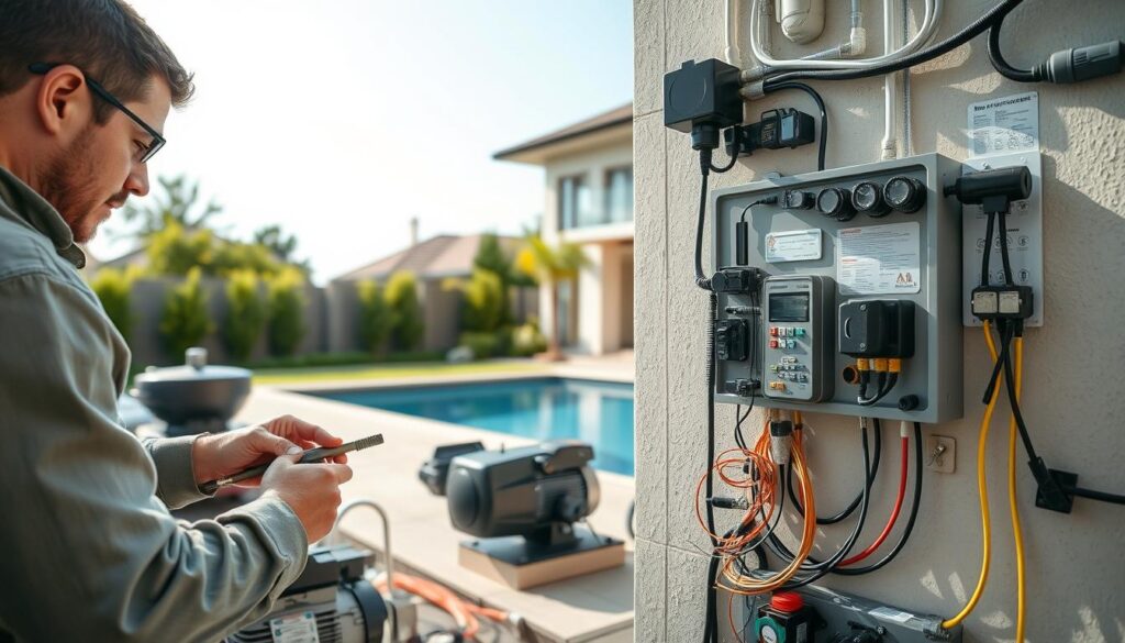A well-organized pool pump installation setup is depicted, showcasing a neatly arranged array of pumps, wires, and smart control systems. In the foreground, a professional technician in modest casual clothing is focused on wiring components, using tools with precision. The middle ground highlights the intricacies of wiring connected to a smart control panel, featuring clearly labeled circuits. The background reveals a partially completed installation against a backdrop of a stylish Pretoria home, with green landscaping and a clear blue sky. Soft natural lighting bathes the scene, emphasizing a clean, efficient working environment. The atmosphere conveys a sense of professionalism and safety, showcasing compliance with installation standards. A well-organized pool pump installation setup is depicted, showcasing a neatly arranged array of pumps, wires, and smart control systems. In the foreground, a professional technician in modest casual clothing is focused on wiring components, using tools with precision. The middle ground highlights the intricacies of wiring connected to a smart control panel, featuring clearly labeled circuits. The background reveals a partially completed installation against a backdrop of a stylish Pretoria home, with green landscaping and a clear blue sky. Soft natural lighting bathes the scene, emphasizing a clean, efficient working environment. The atmosphere conveys a sense of professionalism and safety, showcasing compliance with installation standards.
