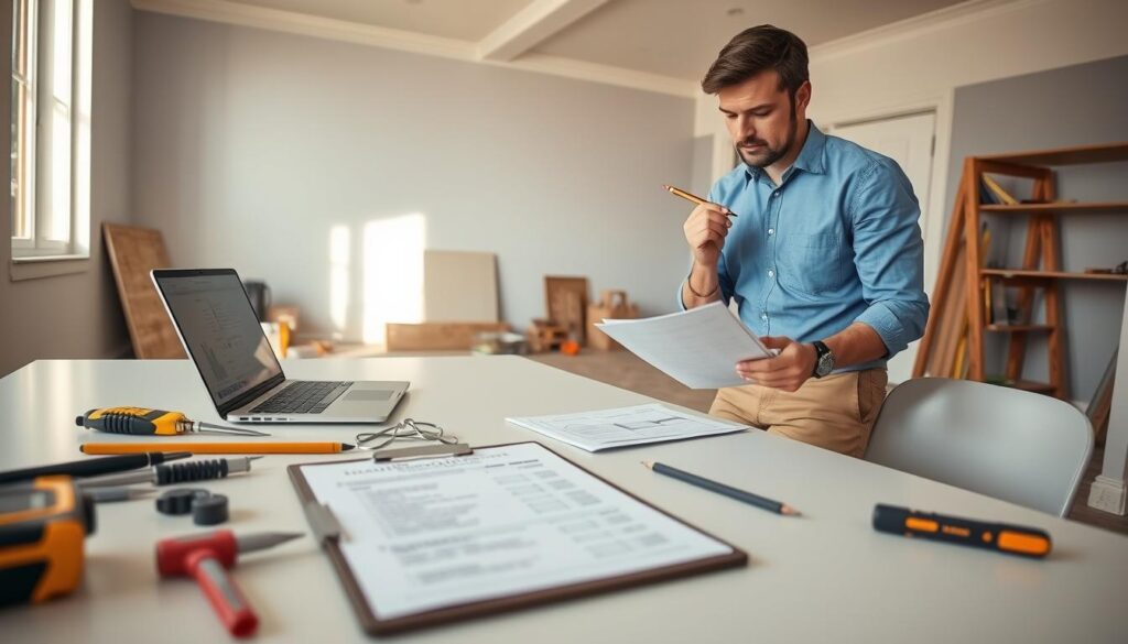 A well-organized, professional workspace featuring a handyman reviewing detailed renovation quotes on a clean desk. In the foreground, there is a clipboard with a visible itemized quote, tools scattered neatly, and a laptop displaying a digital budget sheet. The middle ground includes a confident handyman, dressed in a crisp blue button-down shirt and khakis, thoughtfully analyzing the costs with a pencil in hand. Soft morning light filters through a nearby window, casting a warm glow and creating a welcoming atmosphere. In the background, a partially renovated room is visible, showcasing fresh paint and essential renovation tools. The overall mood is focused and productive, emphasizing the professionalism of the handyman services offered. A well-organized, professional workspace featuring a handyman reviewing detailed renovation quotes on a clean desk. In the foreground, there is a clipboard with a visible itemized quote, tools scattered neatly, and a laptop displaying a digital budget sheet. The middle ground includes a confident handyman, dressed in a crisp blue button-down shirt and khakis, thoughtfully analyzing the costs with a pencil in hand. Soft morning light filters through a nearby window, casting a warm glow and creating a welcoming atmosphere. In the background, a partially renovated room is visible, showcasing fresh paint and essential renovation tools. The overall mood is focused and productive, emphasizing the professionalism of the handyman services offered.