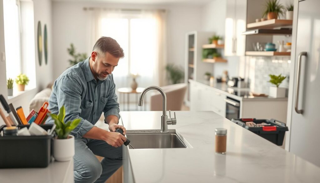 A well-organized residential maintenance scene featuring a friendly handyman in modest casual clothing, skillfully repairing a leaking faucet in a modern kitchen. In the foreground, the handyman is kneeling by the sink, working with tools like a wrench and a toolbox filled with various supplies. In the middle, a brightly lit kitchen showcases polished countertops, a few household plants, and organized cabinets, creating an inviting atmosphere. The background displays a glimpse of a well-kept living room with soft, natural light streaming in through a window, casting gentle shadows. The overall mood is warm and professional, illustrating the importance of home maintenance and the feeling of a cared-for space. Use a soft focus lens with bright lighting to enhance the scene's warmth and clarity. A well-organized residential maintenance scene featuring a friendly handyman in modest casual clothing, skillfully repairing a leaking faucet in a modern kitchen. In the foreground, the handyman is kneeling by the sink, working with tools like a wrench and a toolbox filled with various supplies. In the middle, a brightly lit kitchen showcases polished countertops, a few household plants, and organized cabinets, creating an inviting atmosphere. The background displays a glimpse of a well-kept living room with soft, natural light streaming in through a window, casting gentle shadows. The overall mood is warm and professional, illustrating the importance of home maintenance and the feeling of a cared-for space. Use a soft focus lens with bright lighting to enhance the scene's warmth and clarity.