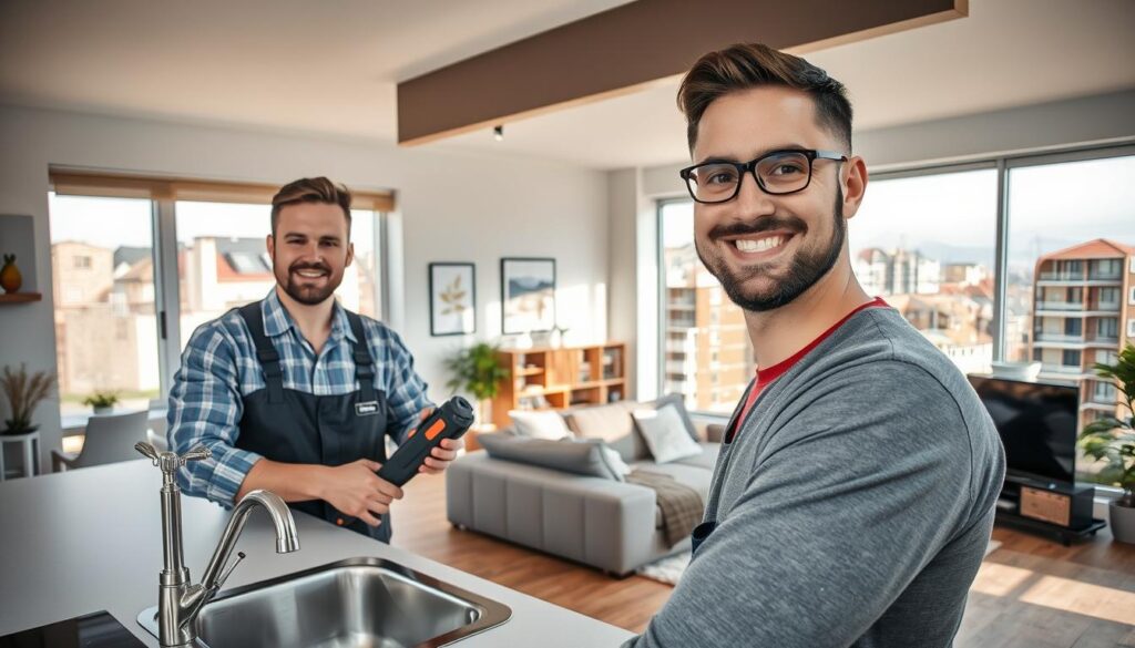 A well-organized scene depicting a professional handyman service in action within a modern residential setting. In the foreground, a skilled handyman wearing a work uniform is using tools to repair a kitchen sink, showcasing a friendly and focused demeanor. In the middle ground, a spacious, well-lit living area features a cozy sofa and stylish decor, symbolizing the warmth of home. In the background, various homes, flats, and apartment complexes can be seen, symbolizing the diverse range of properties serviced. The lighting is bright and inviting, with natural sunlight streaming through large windows. The atmosphere is professional yet approachable, illustrating the commitment to quality handyman services for every type of residence. A well-organized scene depicting a professional handyman service in action within a modern residential setting. In the foreground, a skilled handyman wearing a work uniform is using tools to repair a kitchen sink, showcasing a friendly and focused demeanor. In the middle ground, a spacious, well-lit living area features a cozy sofa and stylish decor, symbolizing the warmth of home. In the background, various homes, flats, and apartment complexes can be seen, symbolizing the diverse range of properties serviced. The lighting is bright and inviting, with natural sunlight streaming through large windows. The atmosphere is professional yet approachable, illustrating the commitment to quality handyman services for every type of residence.